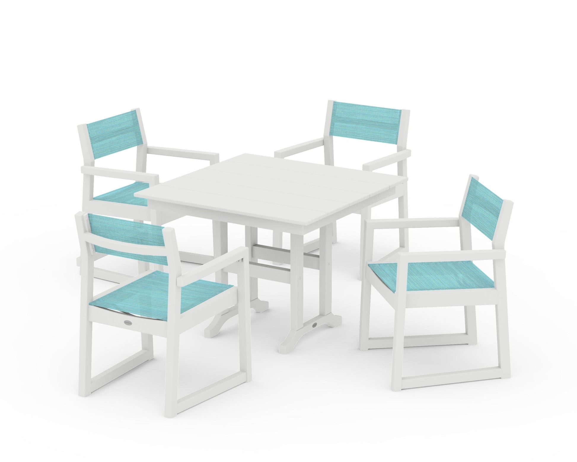 POLYWOOD EDGE Sling Arm Chair 5-Piece Farmhouse Dining Set — Vintage White / Dupioni Aquamarine Sling