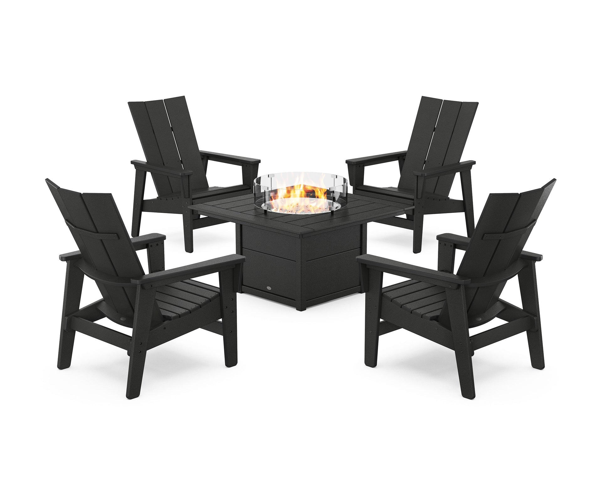 POLYWOOD 5-Piece Modern Grand Upright Adirondack Conversation Set with Fire Pit Table — Black
