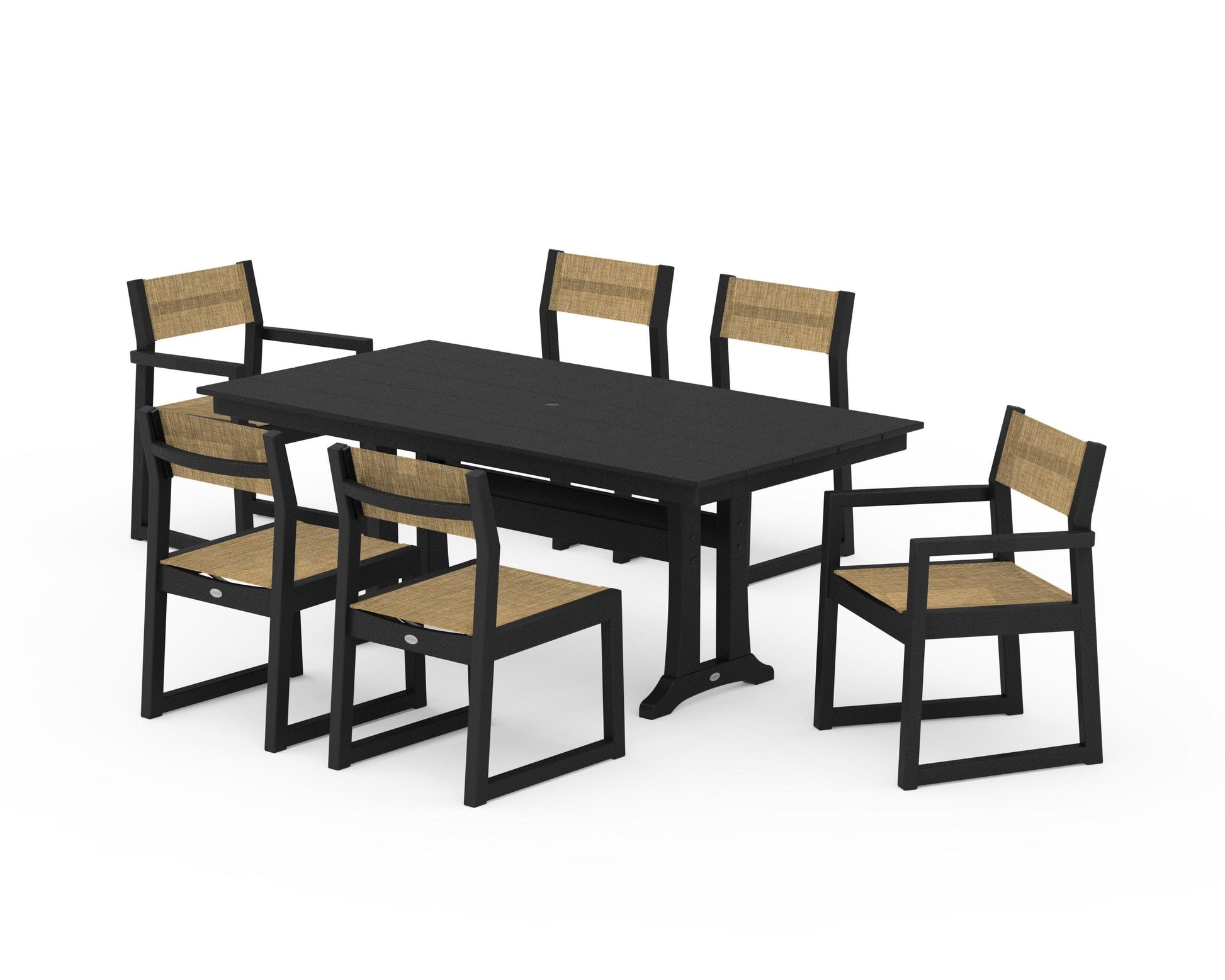 POLYWOOD EDGE Sling 7-Piece Farmhouse Trestle Dining Set — Black / Burlap Sling