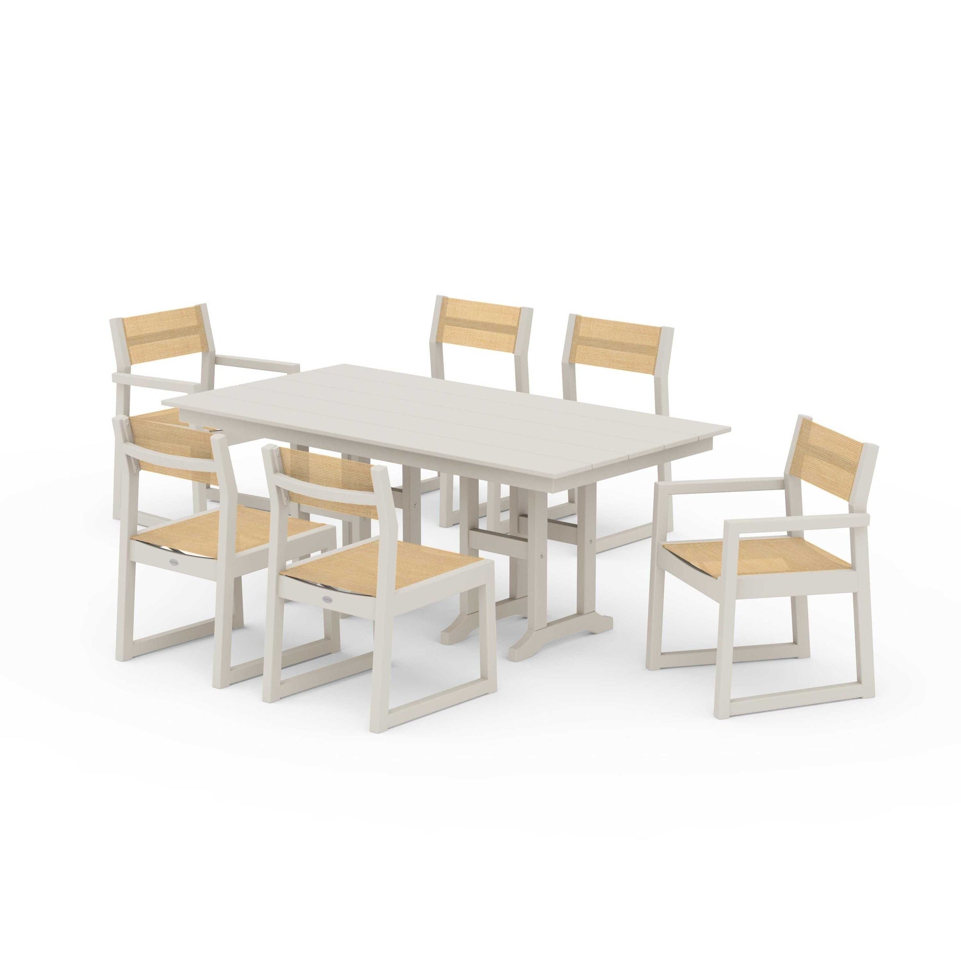 POLYWOOD EDGE Sling 7-Piece Farmhouse Dining Set — Sand / Dupioni Apricot Sling