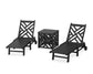 POLYWOOD Chippendale 3-Piece Chaise Set with Wheels and Umbrella Stand Accent Table — Black