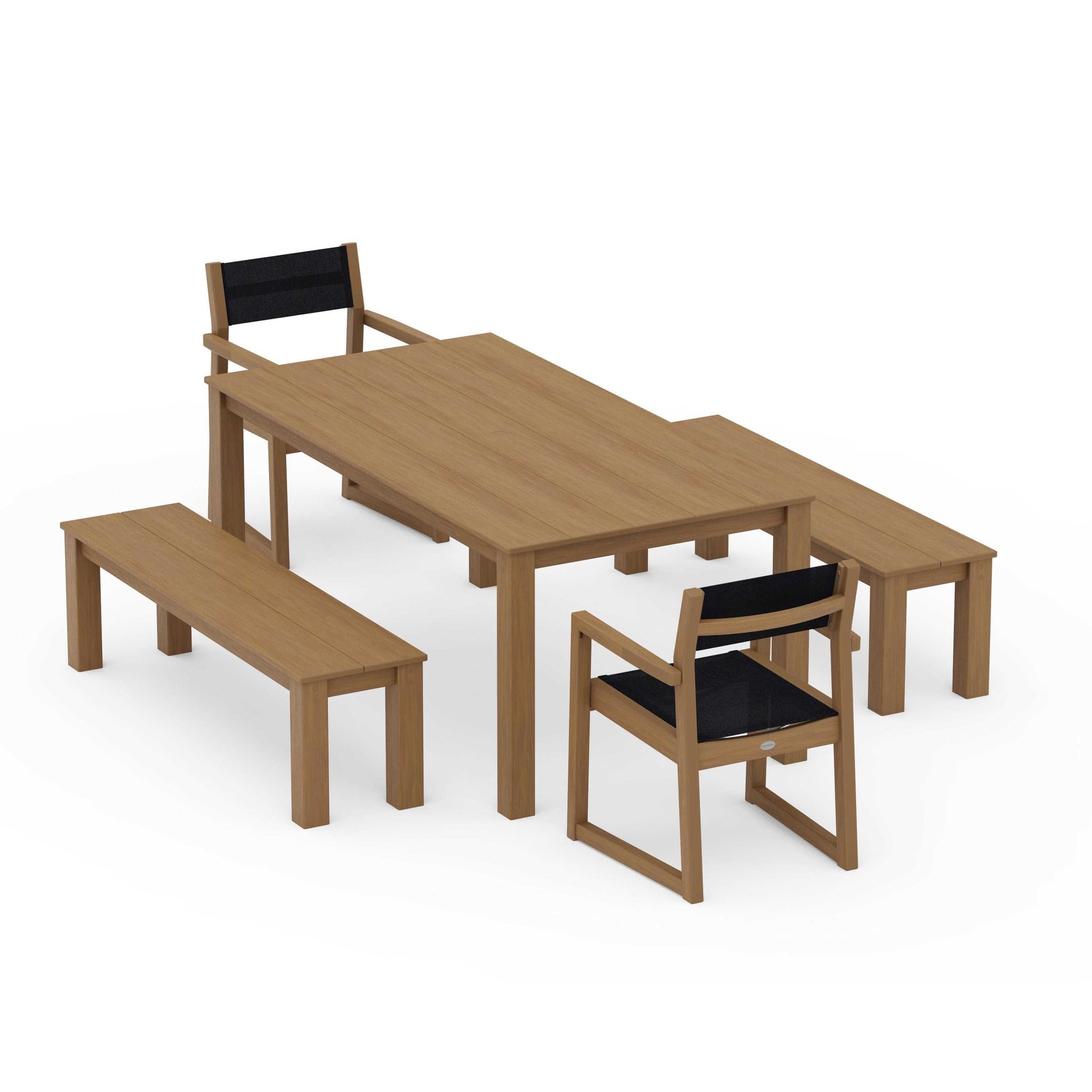 POLYWOOD EDGE Sling Arm Chair 5-Piece Parsons Dining Set with Benches — Natural / Black Sling