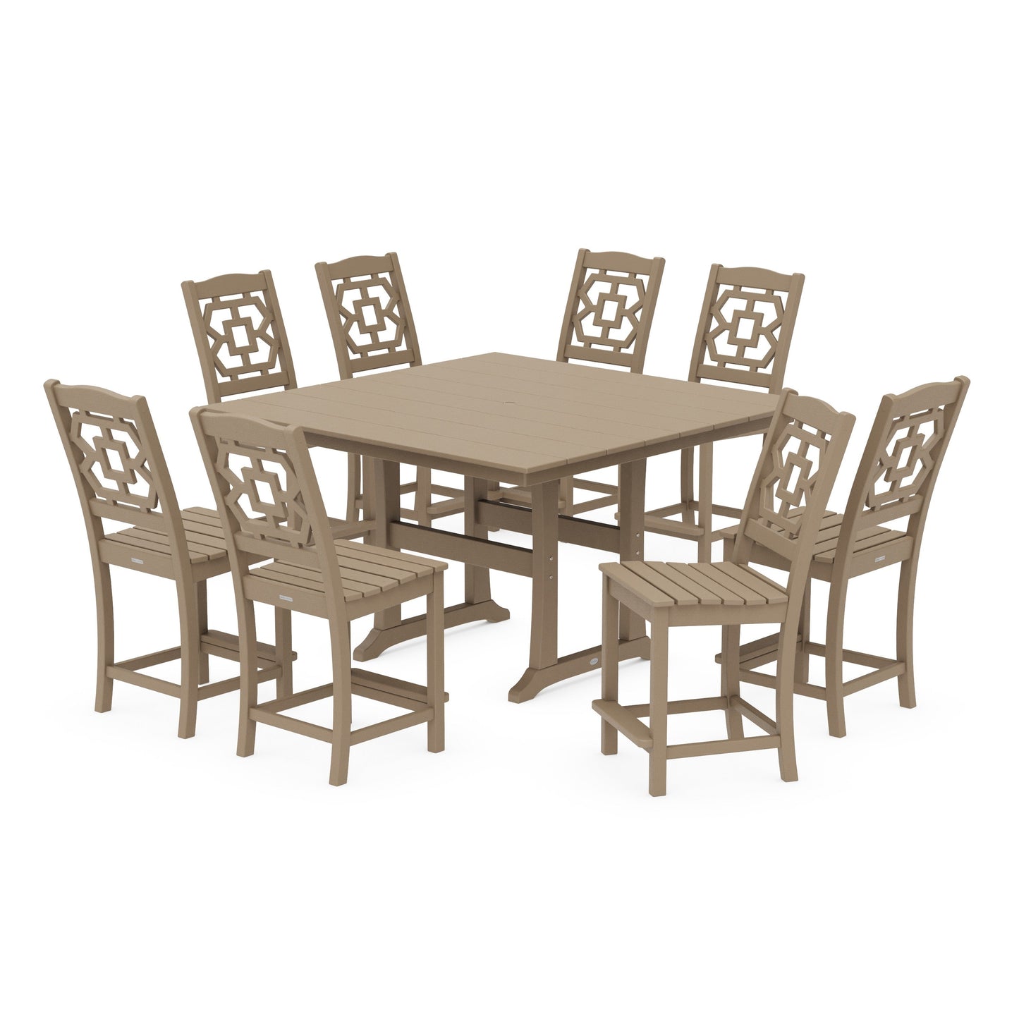 POLYWOOD Chinoiserie 9-Piece Square Farmhouse Side Chair Counter Set with Trestle Legs — Vintage Sahara