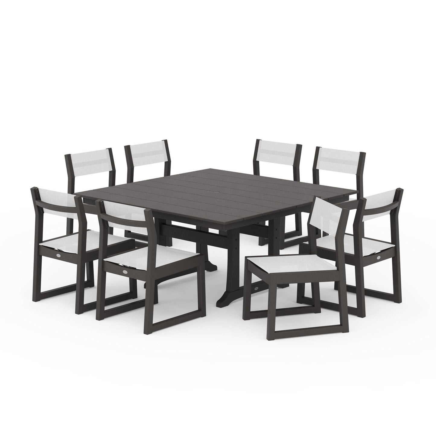 POLYWOOD EDGE Sling Side Chair 9-Piece Farmhouse Trestle Dining Set — Vintage Coffee / White Sling