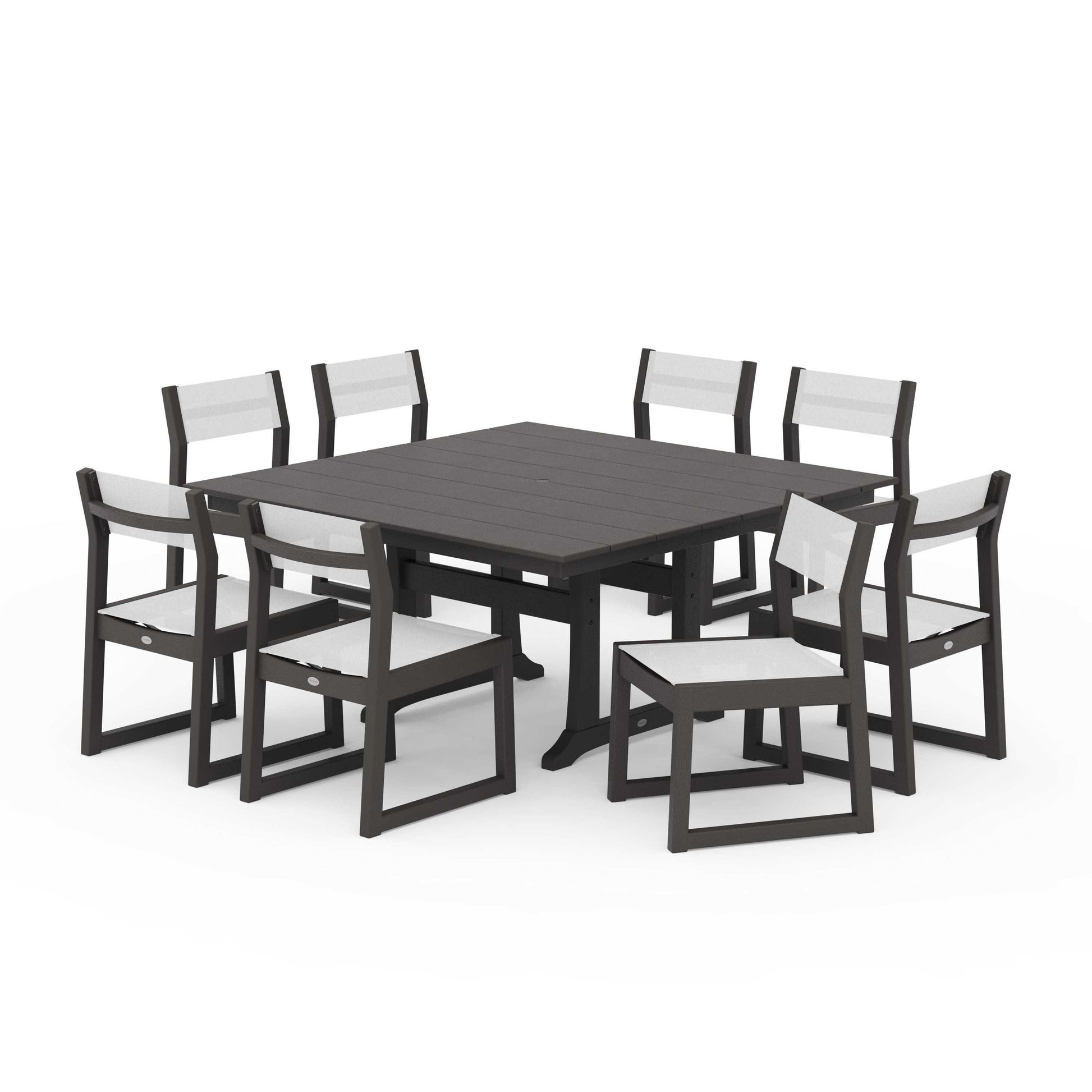 POLYWOOD EDGE Sling Side Chair 9-Piece Farmhouse Trestle Dining Set — Vintage Coffee / White Sling