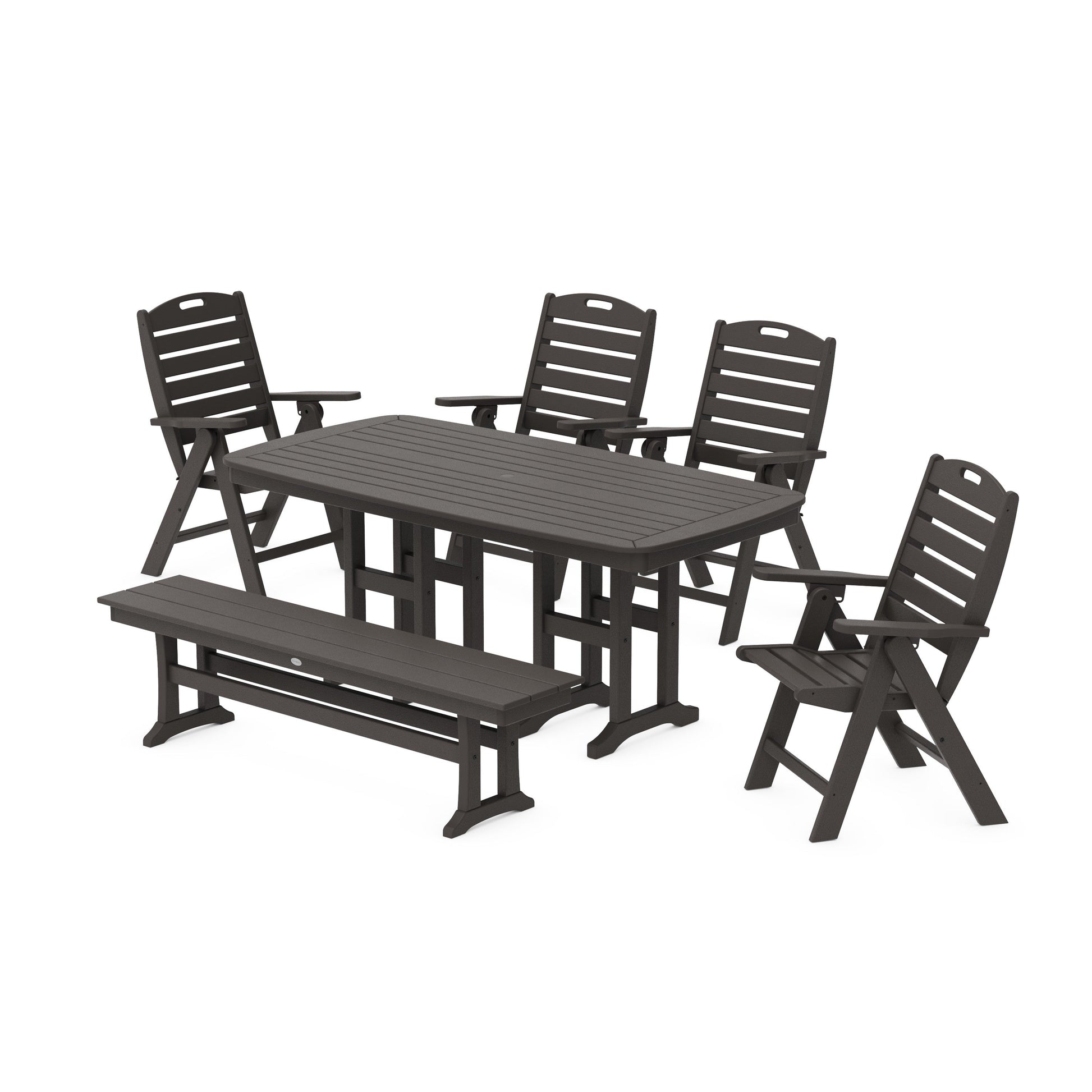 POLYWOOD Nautical Highback 6-Piece Dining Set with Bench — Vintage Coffee