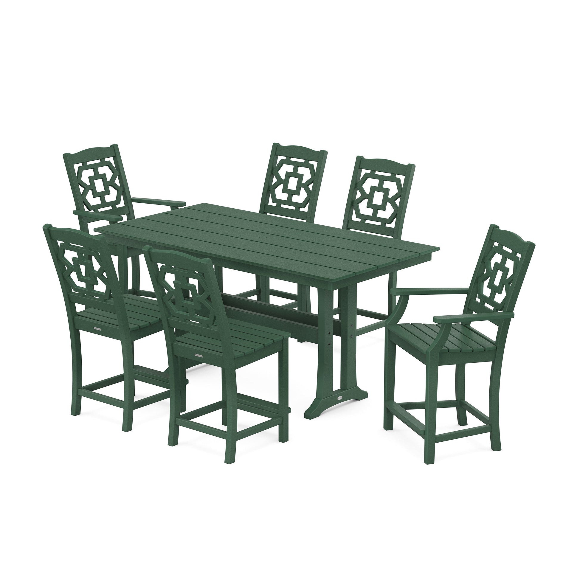 POLYWOOD Chinoiserie 7-Piece Farmhouse Counter Set with Trestle Legs — Green