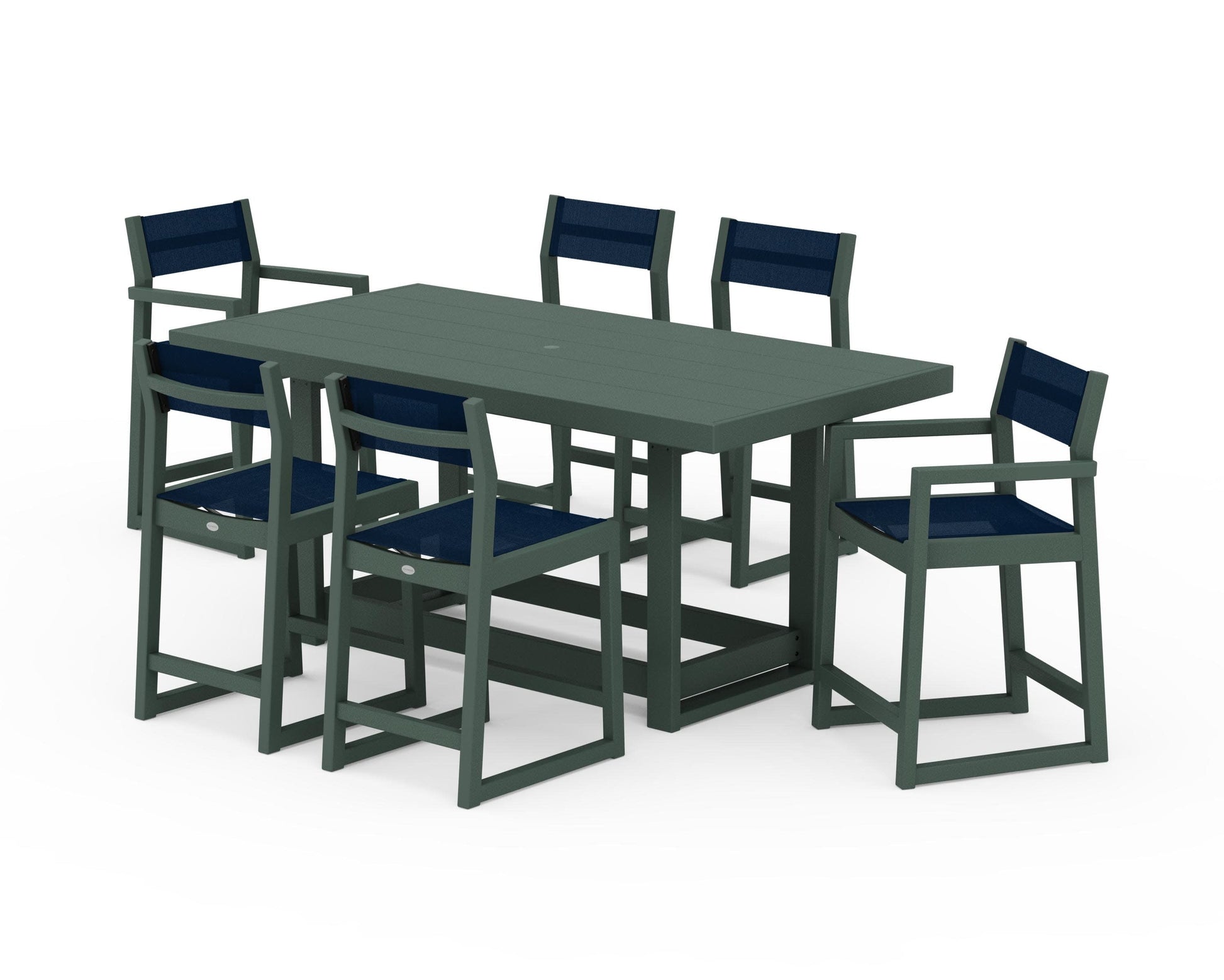 POLYWOOD EDGE Sling 7-Piece Counter Table Set — Green / Navy Blue Sling