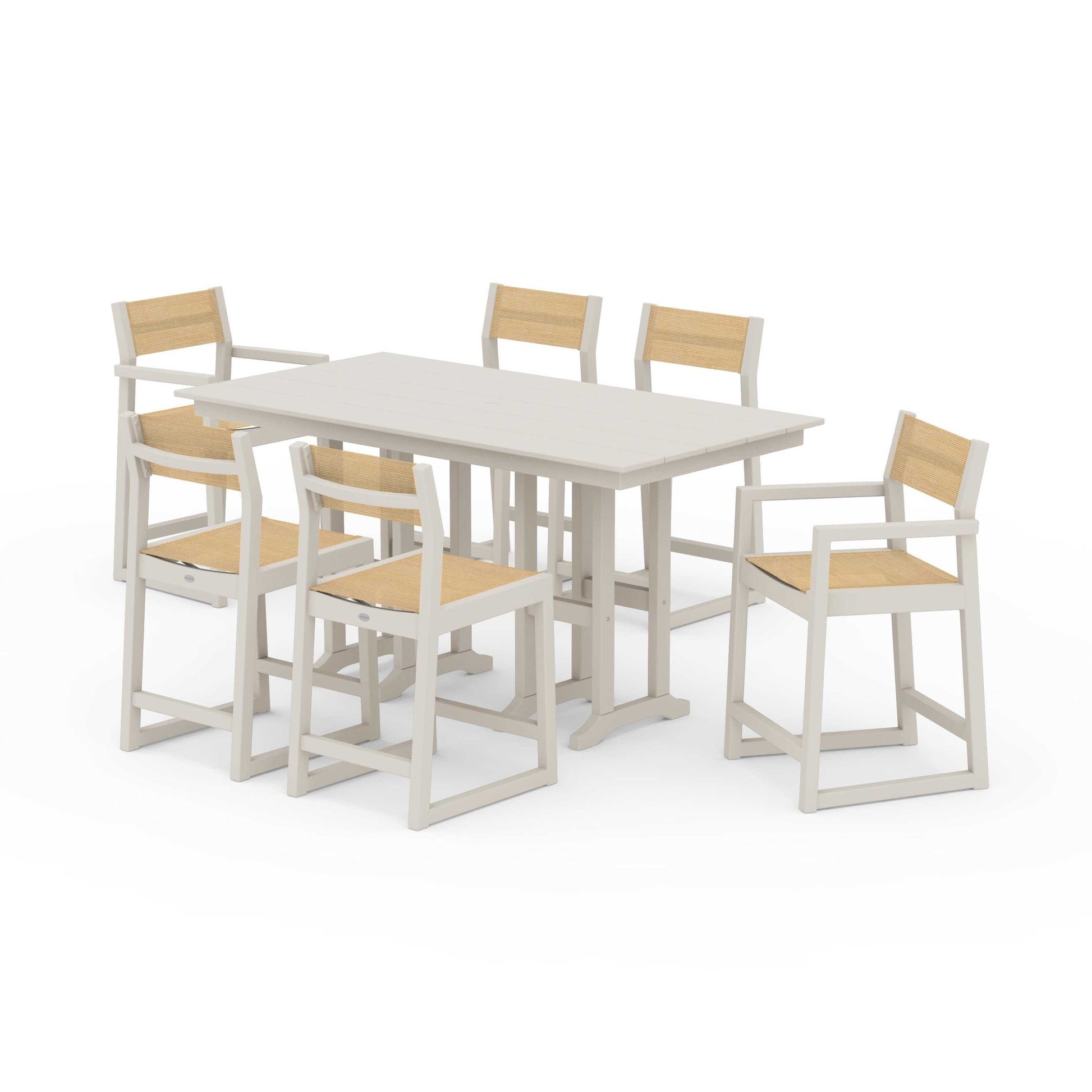 POLYWOOD EDGE Sling 7-Piece Farmhouse Counter Set with Trestle Legs — Sand / Dupioni Apricot Sling