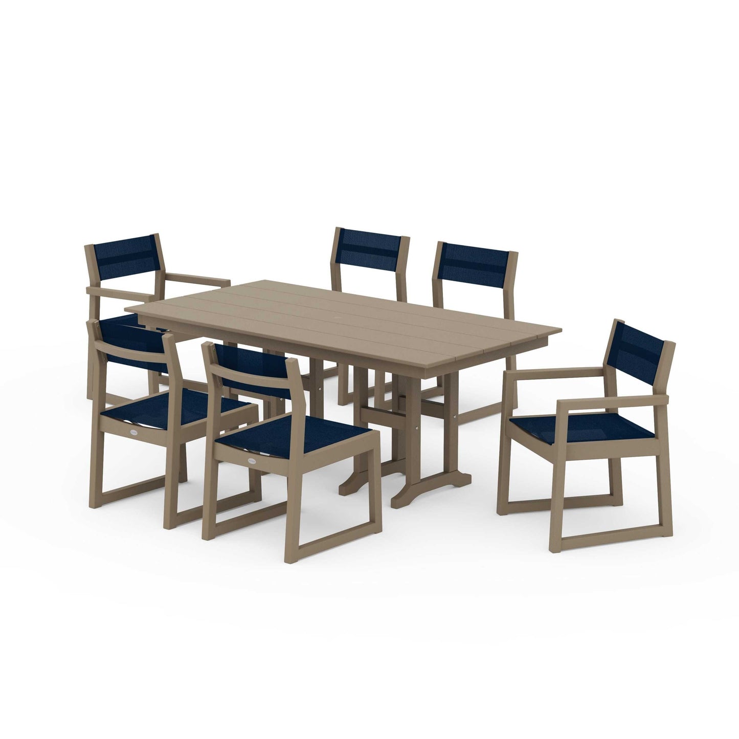 POLYWOOD EDGE Sling 7-Piece Farmhouse Dining Set — Vintage Sahara / Navy Blue Sling