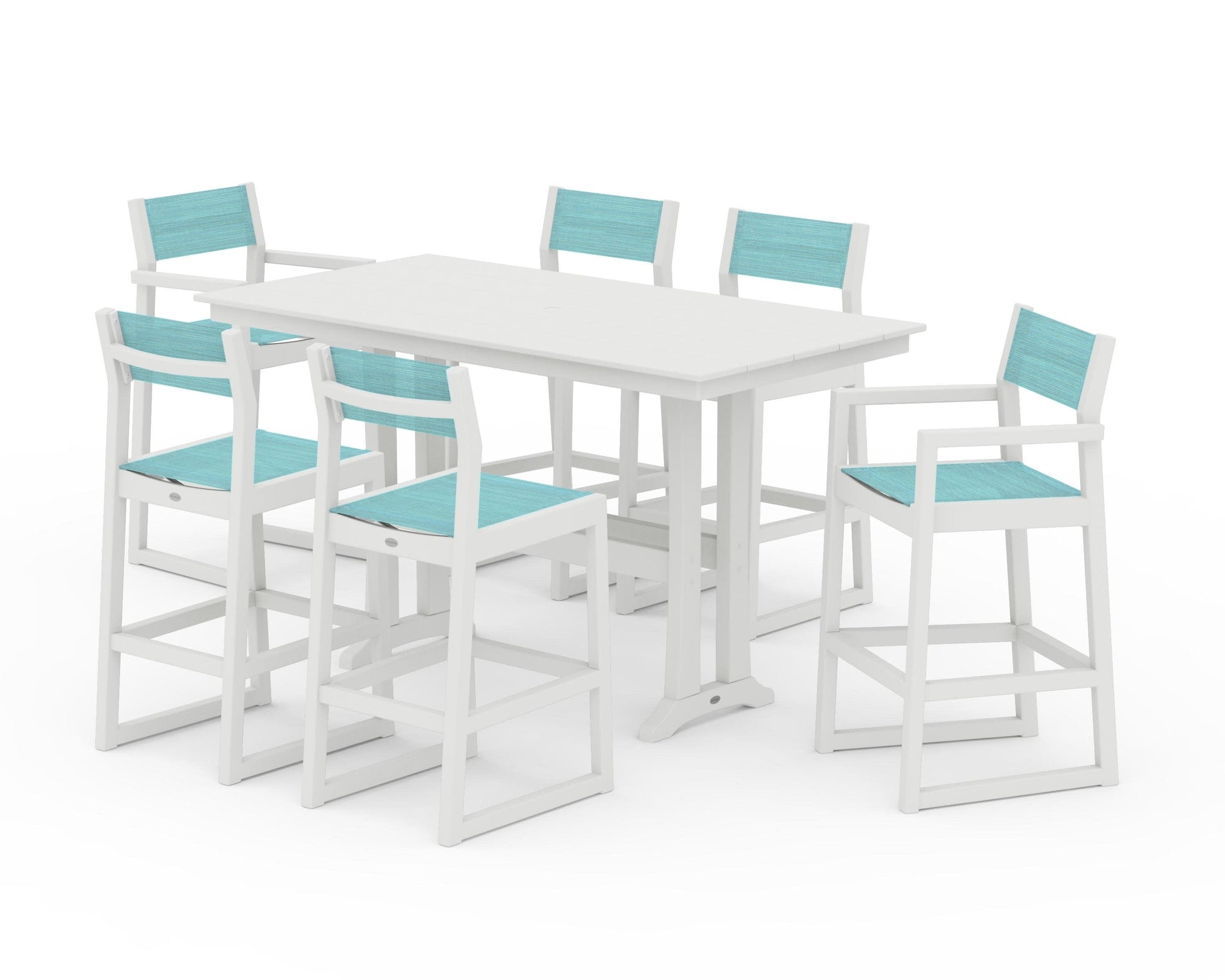 POLYWOOD EDGE Sling 7-Piece Farmhouse Bar Set with Trestle Legs — Vintage White / Dupioni Aquamarine Sling