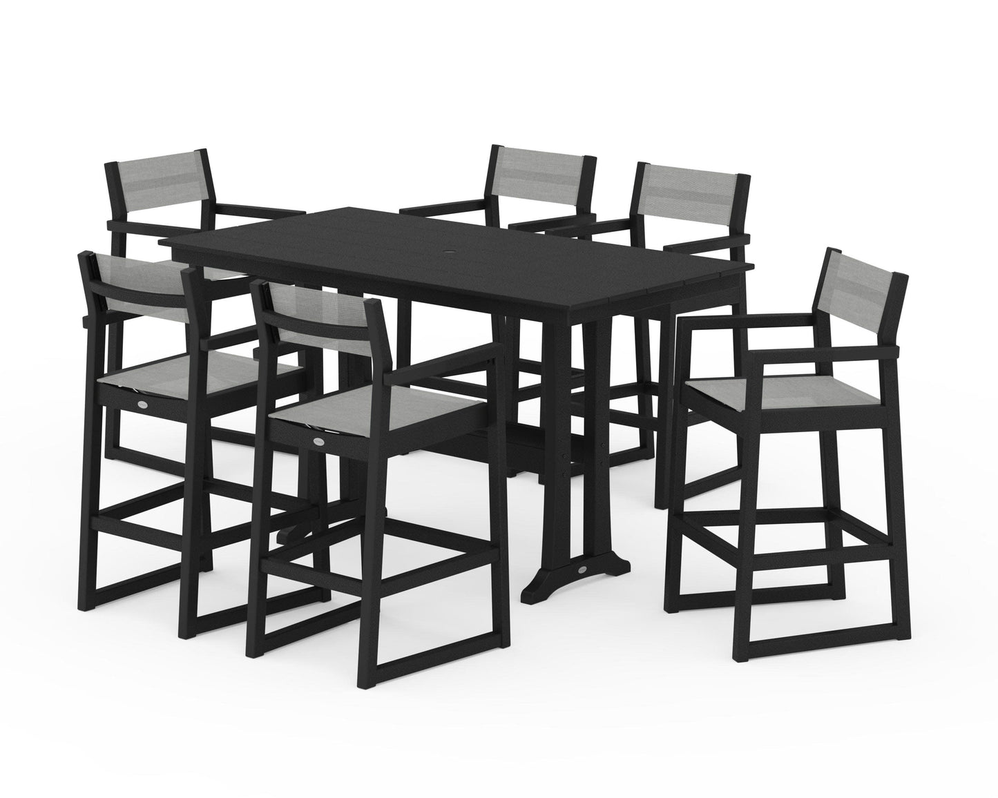 POLYWOOD EDGE Sling Arm Chair 7-Piece Farmhouse Bar Set with Trestle Legs — Black / Metallic Sling