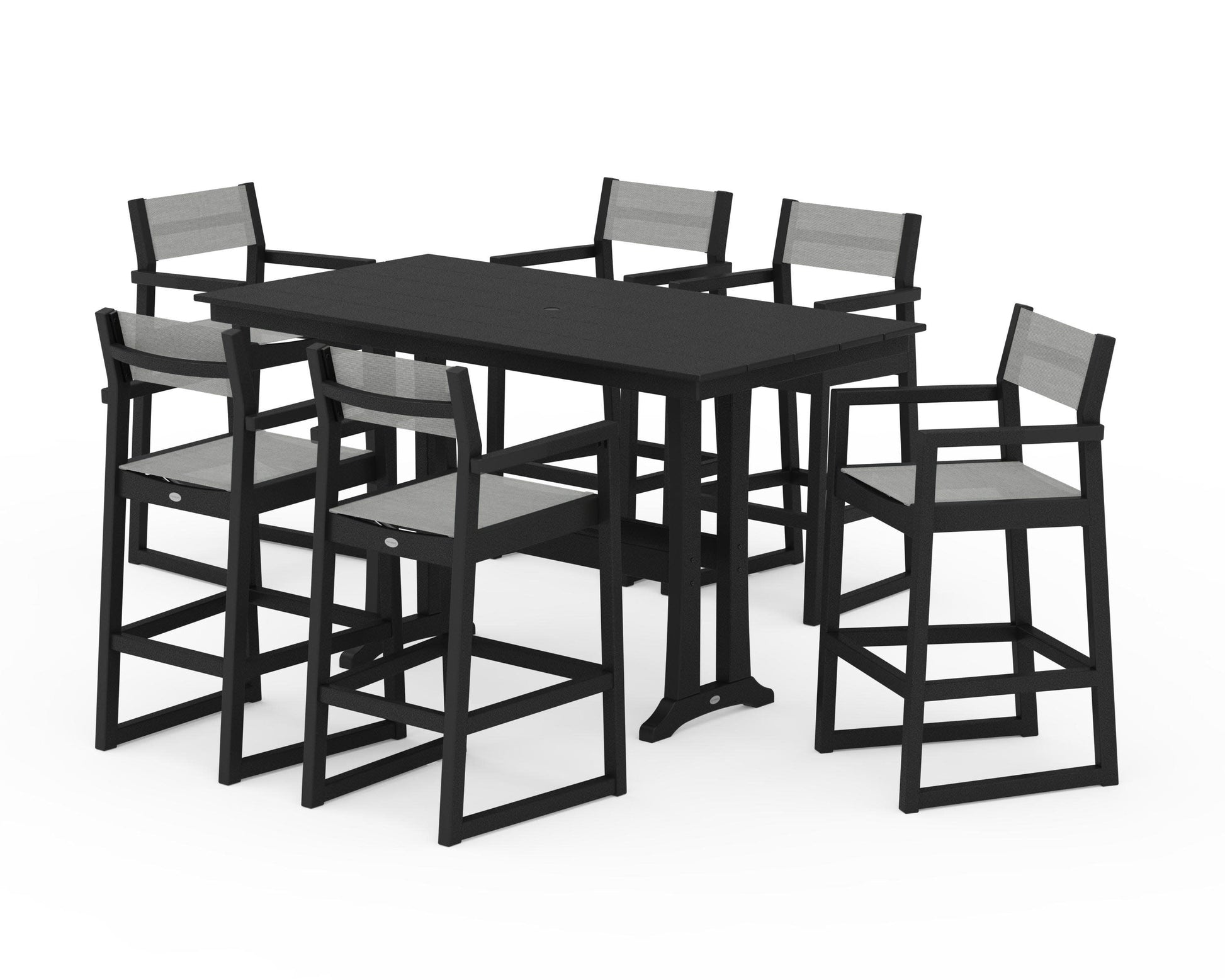 POLYWOOD EDGE Sling Arm Chair 7-Piece Farmhouse Bar Set with Trestle Legs — Black / Metallic Sling