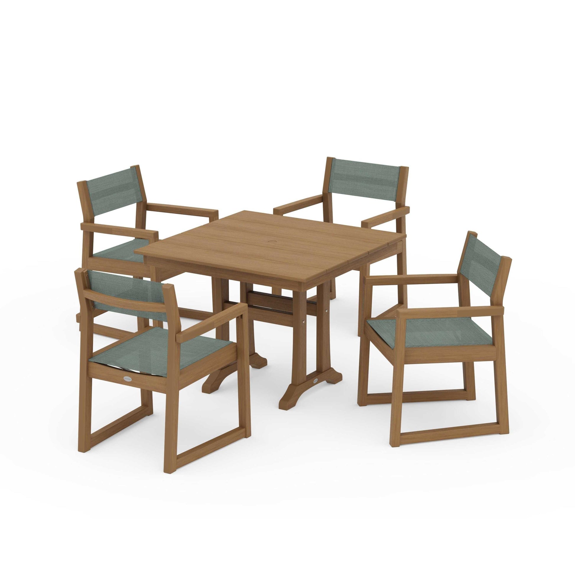 POLYWOOD EDGE Sling 5-Piece Farmhouse Dining Set with Trestle Legs — Natural / Dupioni Sea Mist Sling