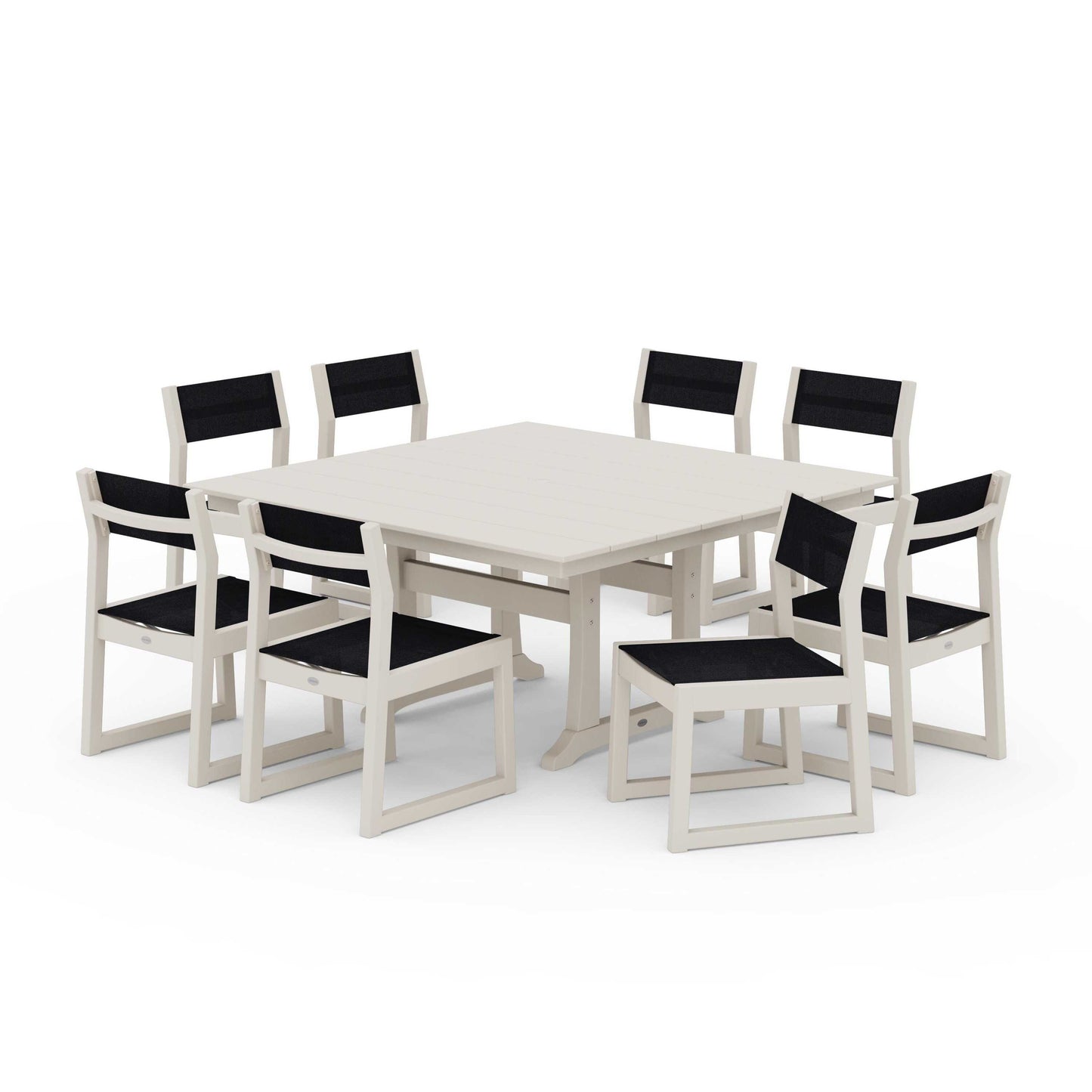 POLYWOOD EDGE Sling Side Chair 9-Piece Farmhouse Trestle Dining Set — Sand / Black Sling