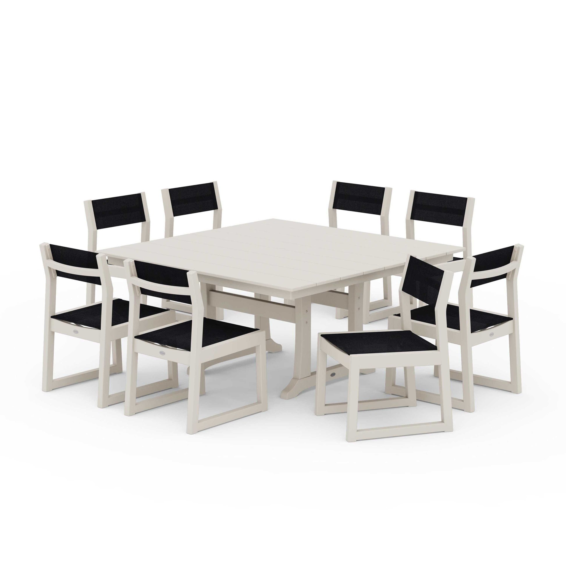 POLYWOOD EDGE Sling Side Chair 9-Piece Farmhouse Trestle Dining Set — Sand / Black Sling