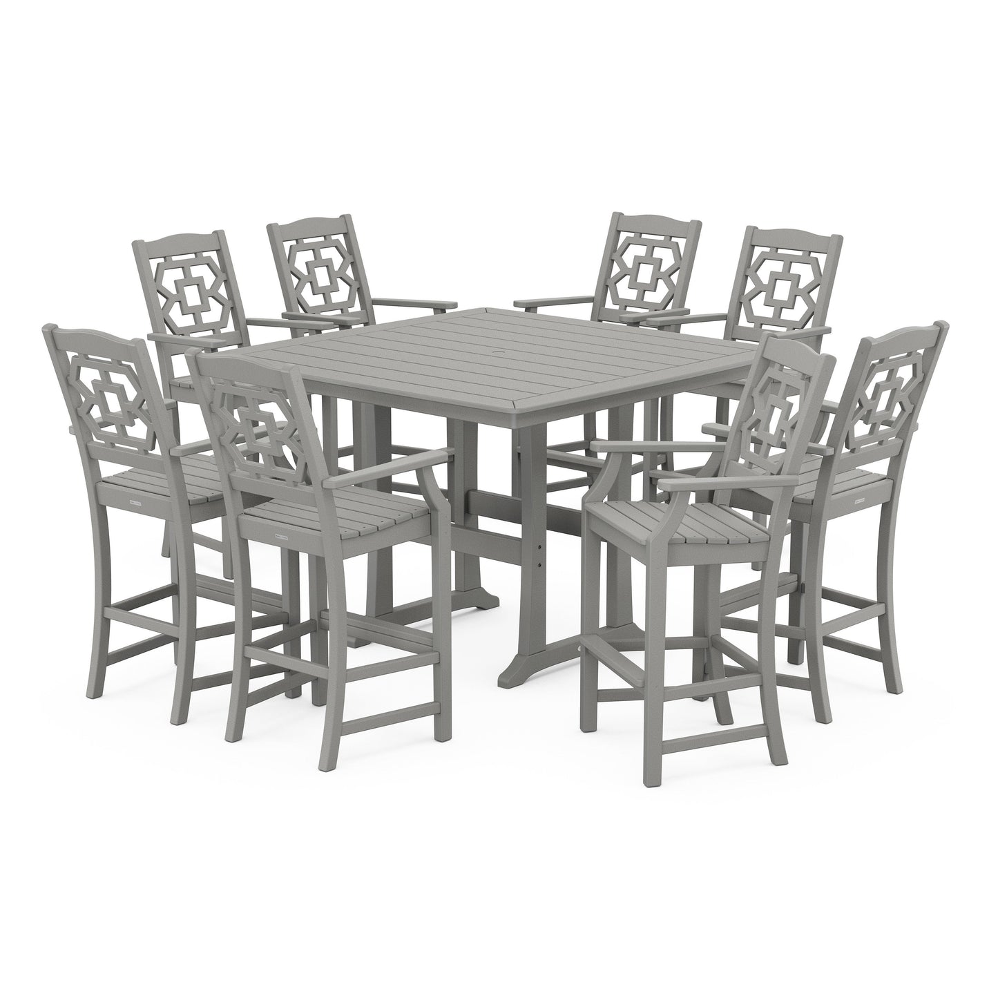 POLYWOOD Chinoiserie 9-Piece Square Bar Set with Trestle Legs — Slate Grey