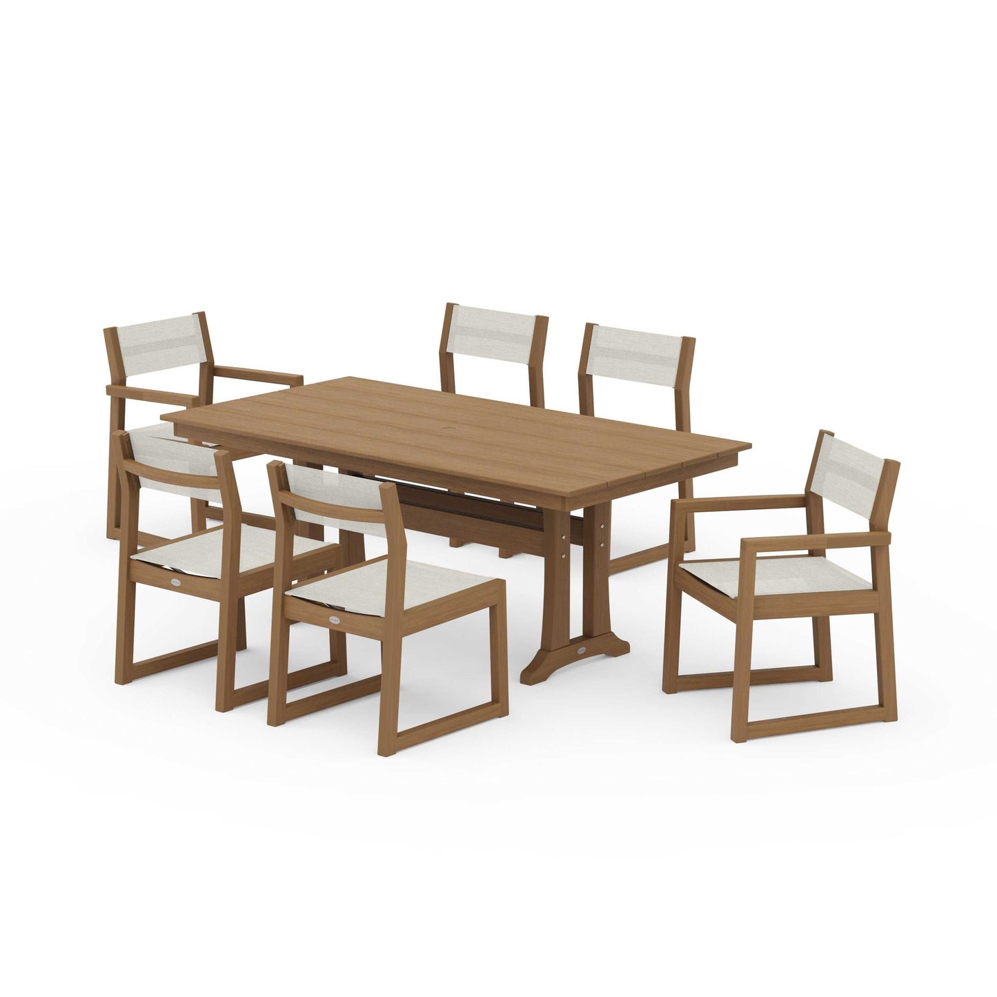 POLYWOOD EDGE Sling 7-Piece Farmhouse Trestle Dining Set — Natural / Parchment Sling