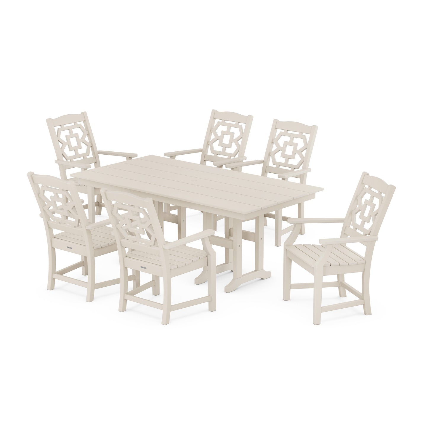 POLYWOOD Chinoiserie Arm Chair 7-Piece Farmhouse Dining Set — Sand