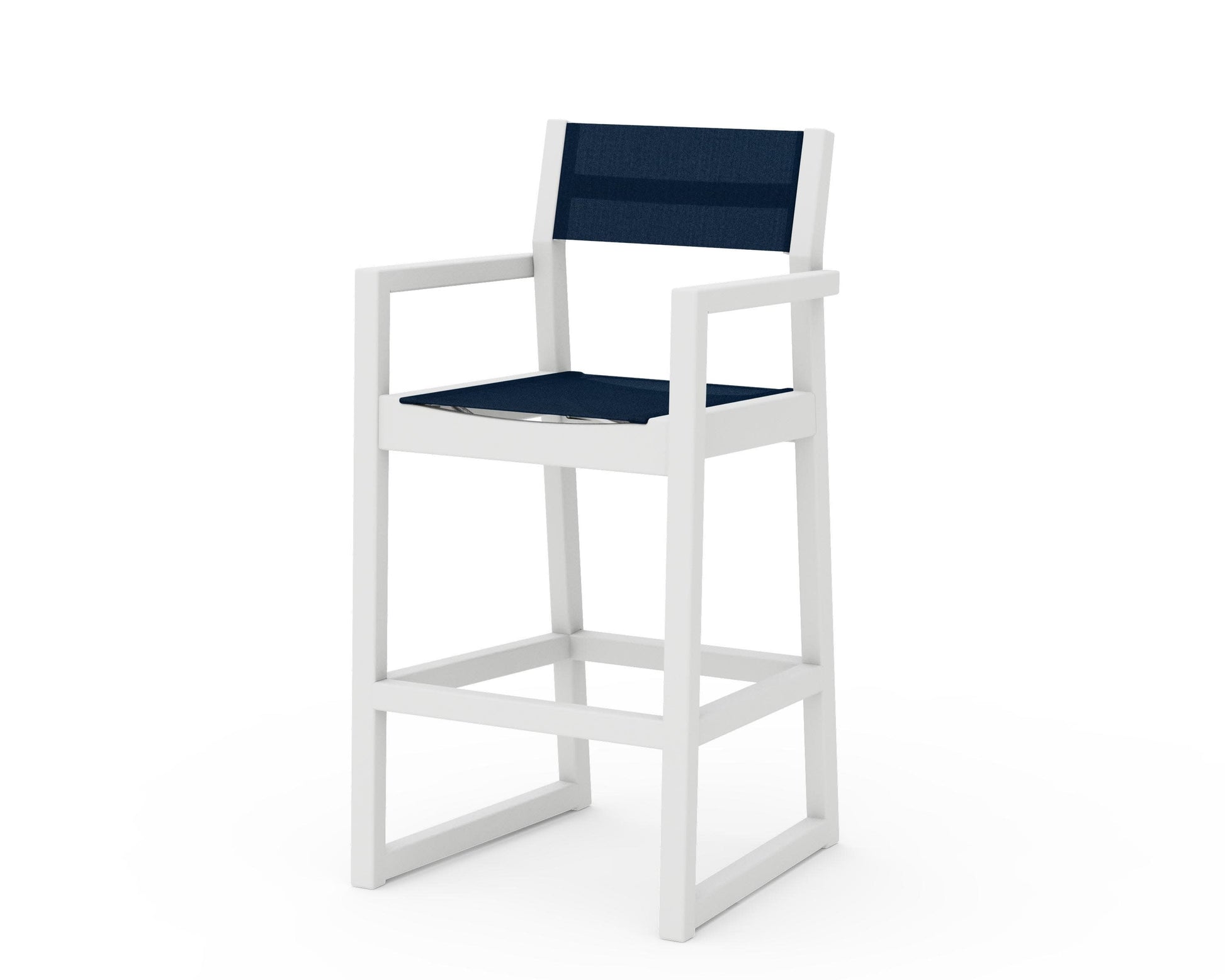 POLYWOOD EDGE Sling Bar Arm Chair — White / Navy Blue Sling