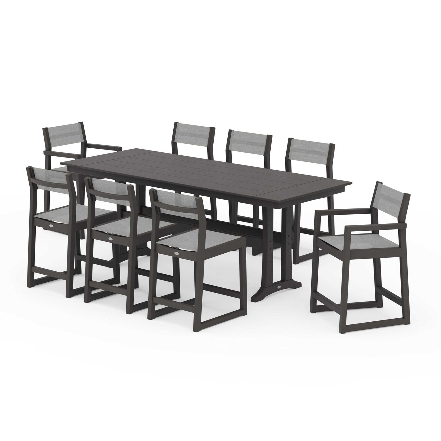 POLYWOOD EDGE Sling 9-Piece Farmhouse Counter Set with Trestle Legs — Vintage Coffee / Metallic Sling