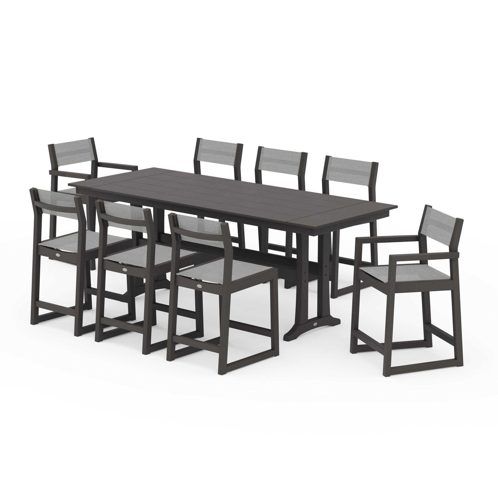 POLYWOOD EDGE Sling 9-Piece Farmhouse Counter Set with Trestle Legs — Vintage Coffee / Metallic Sling