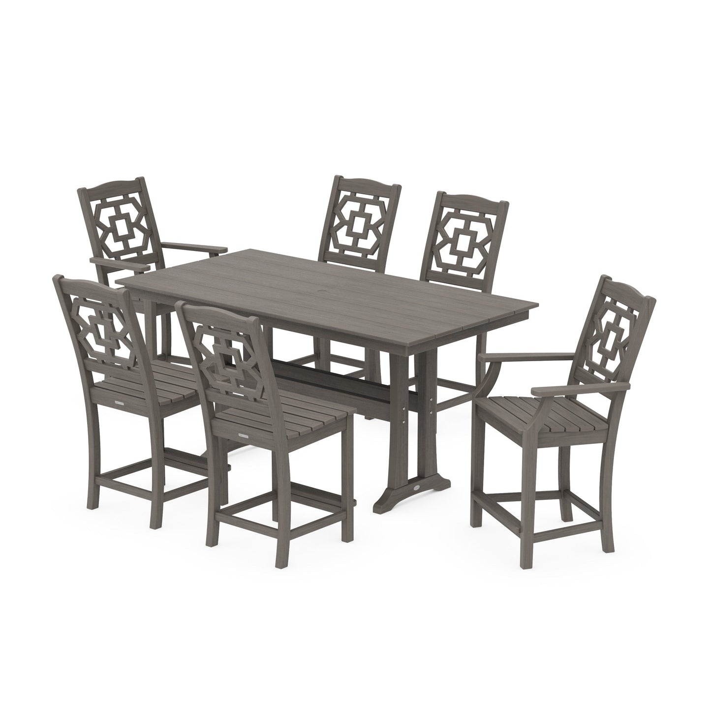 POLYWOOD Chinoiserie 7-Piece Farmhouse Counter Set with Trestle Legs — Driftwood
