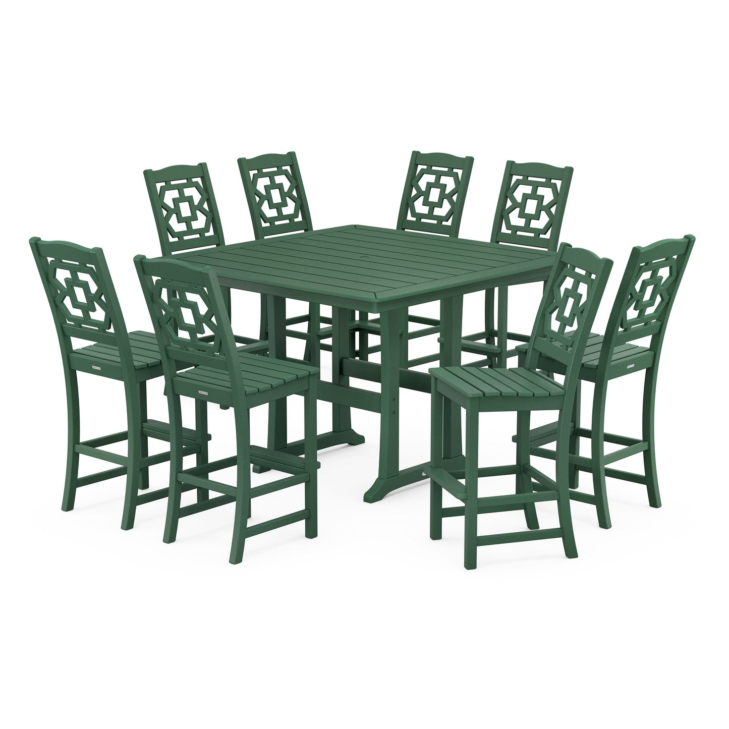 POLYWOOD Chinoiserie 9-Piece Square Side Chair Bar Set with Trestle Legs — Green