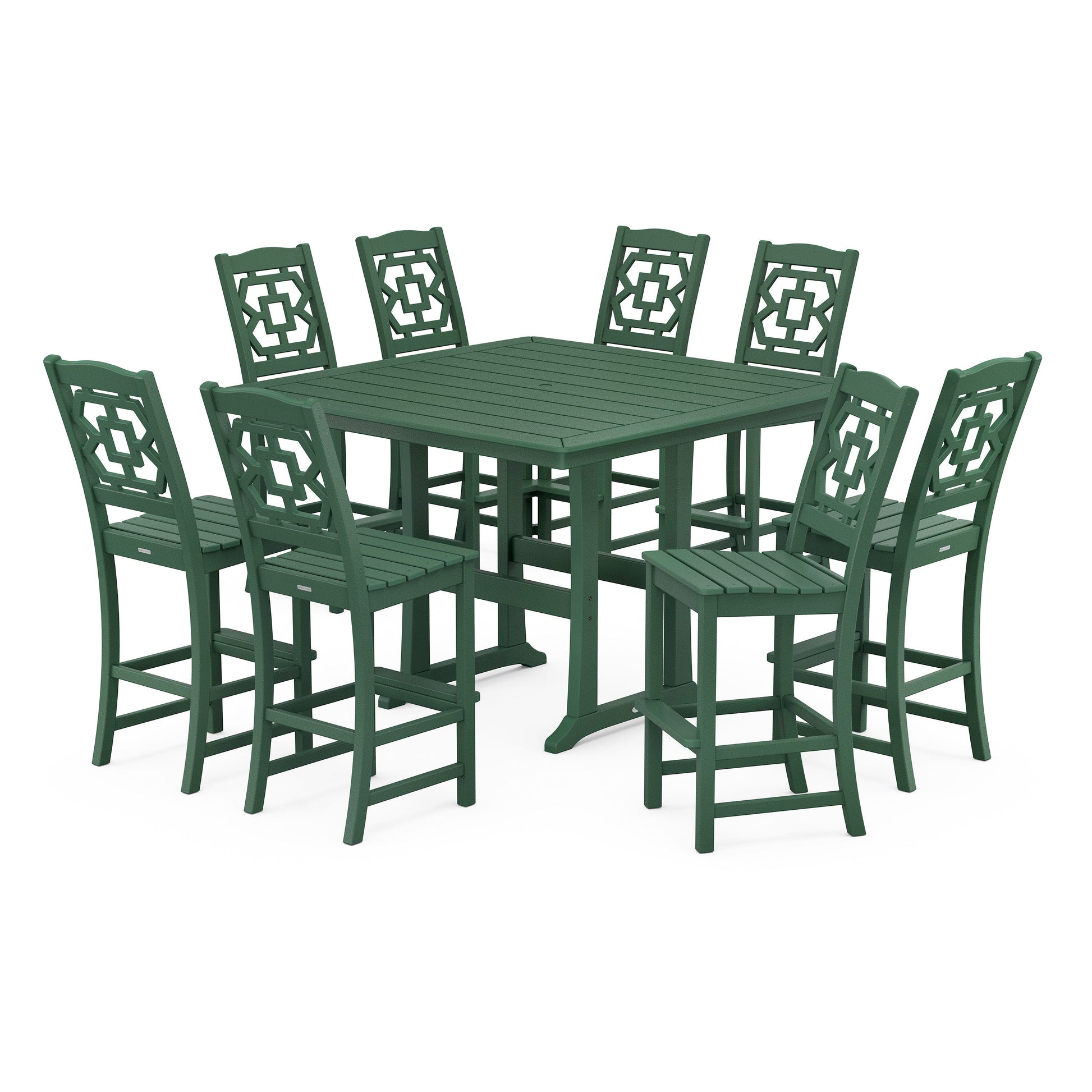 POLYWOOD Chinoiserie 9-Piece Square Side Chair Bar Set with Trestle Legs — Green