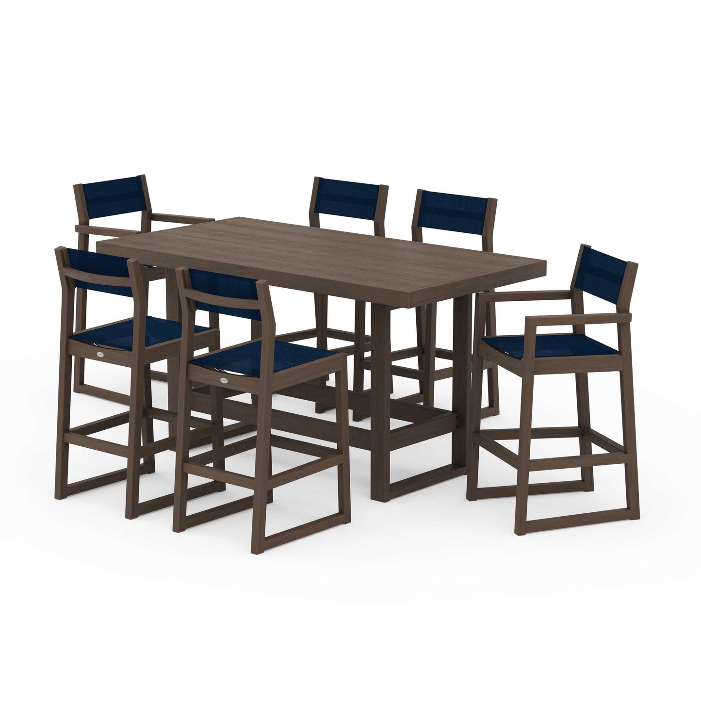 POLYWOOD EDGE Sling 7-Piece Bar Table Set — Kona / Navy Blue Sling