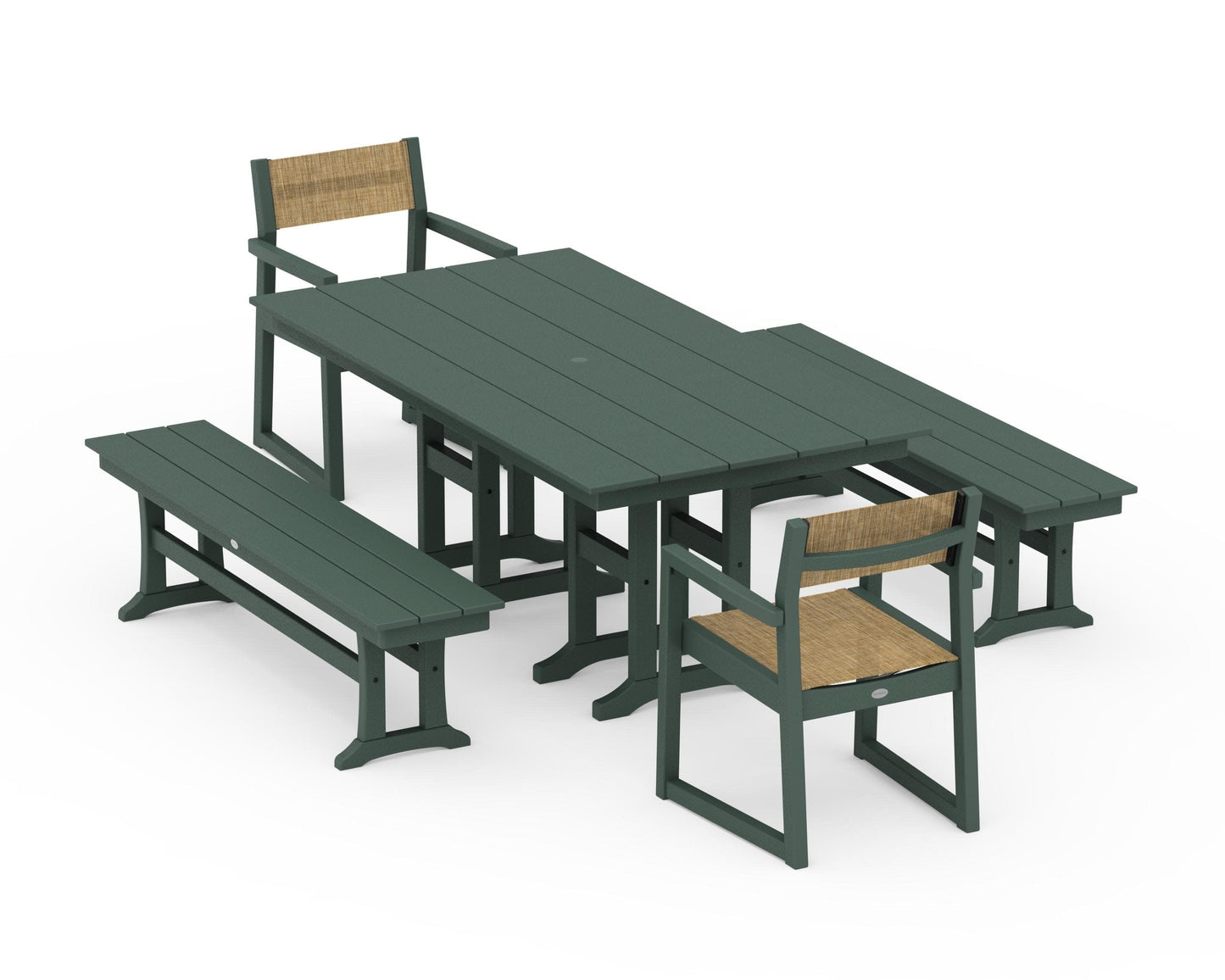 POLYWOOD EDGE Sling Arm Chair 5-Piece Farmhouse Dining Set with Benches — Green / Burlap Sling