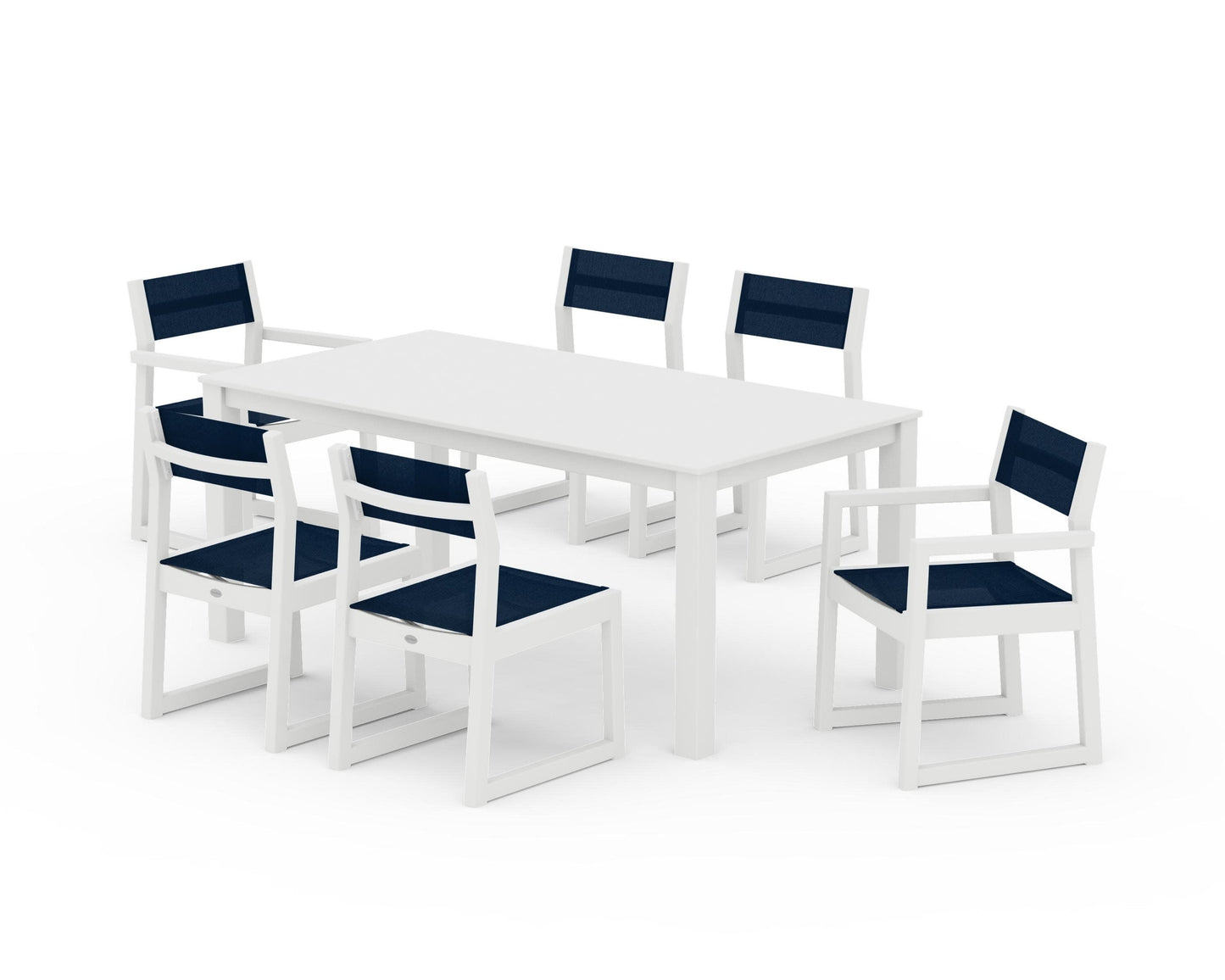 POLYWOOD EDGE Sling 7-Piece Parsons Dining Set — White / Navy Blue Sling