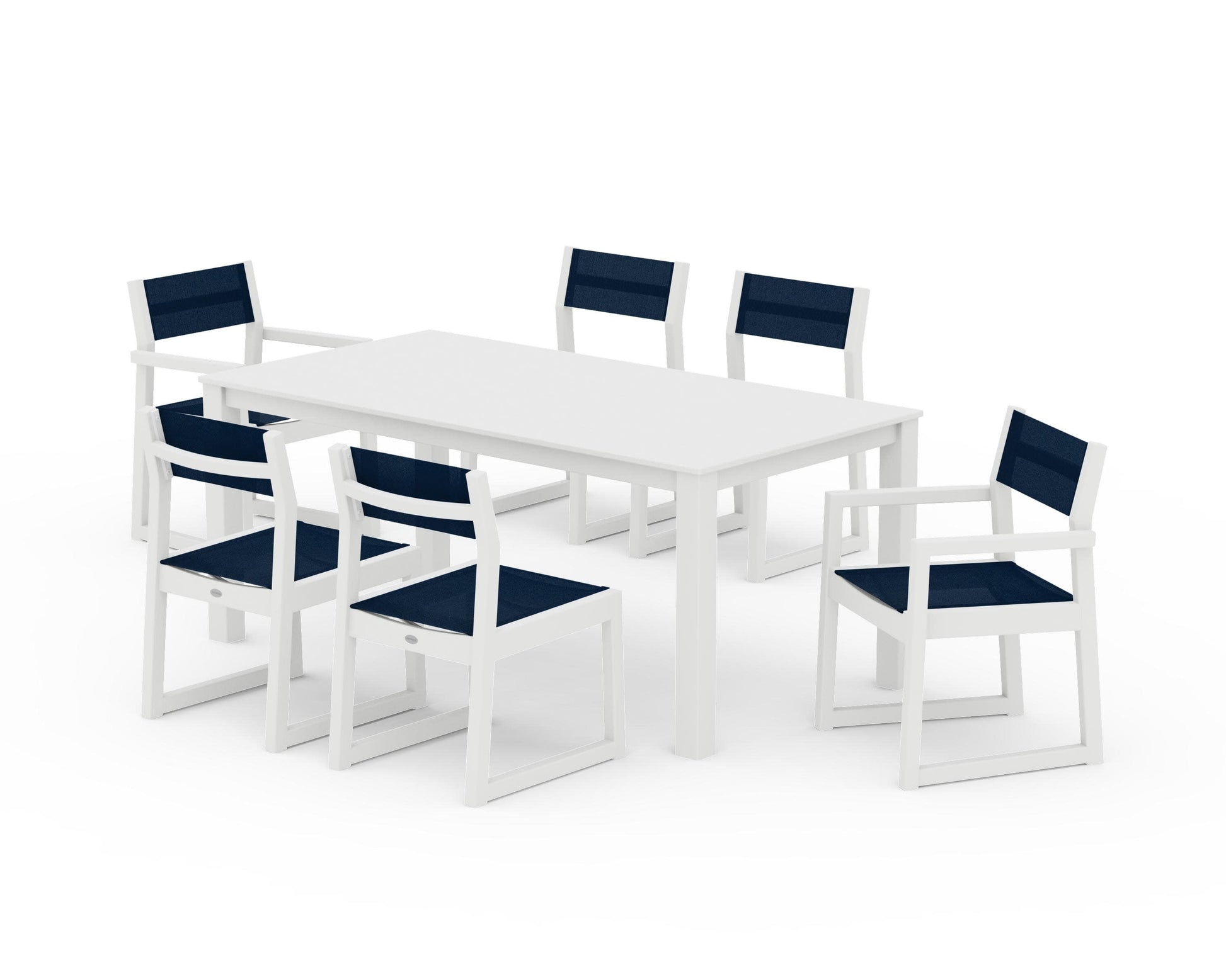 POLYWOOD EDGE Sling 7-Piece Parsons Dining Set — White / Navy Blue Sling