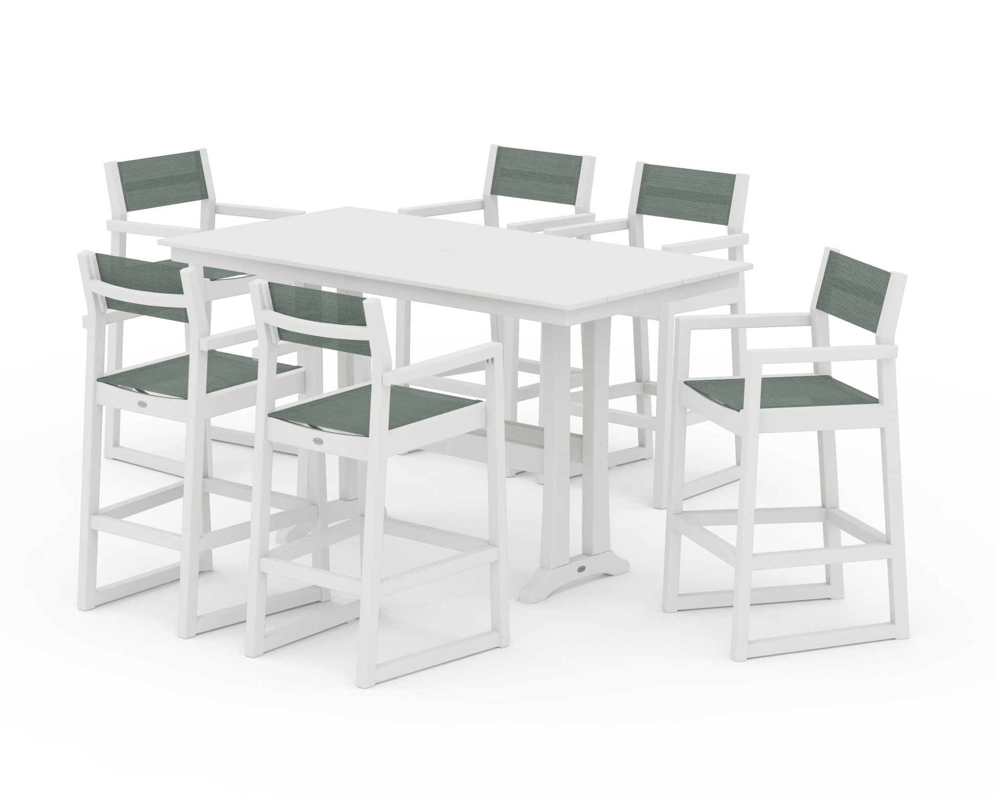 POLYWOOD EDGE Sling Arm Chair 7-Piece Farmhouse Bar Set with Trestle Legs — Vintage White / Dupioni Sea Mist Sling