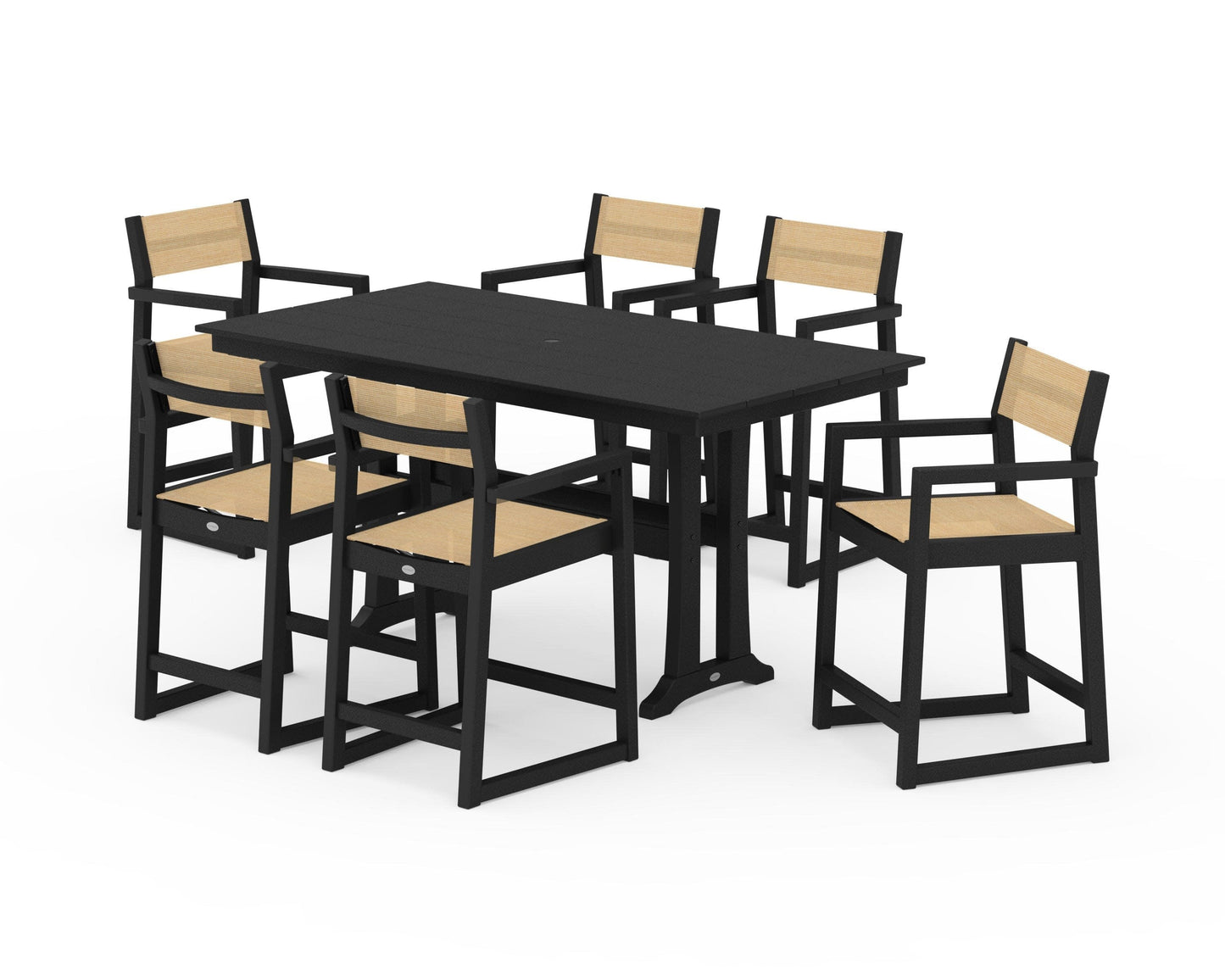 POLYWOOD EDGE Sling Arm Chair 7-Piece Farmhouse Counter Set with Trestle Legs — Black / Dupioni Apricot Sling