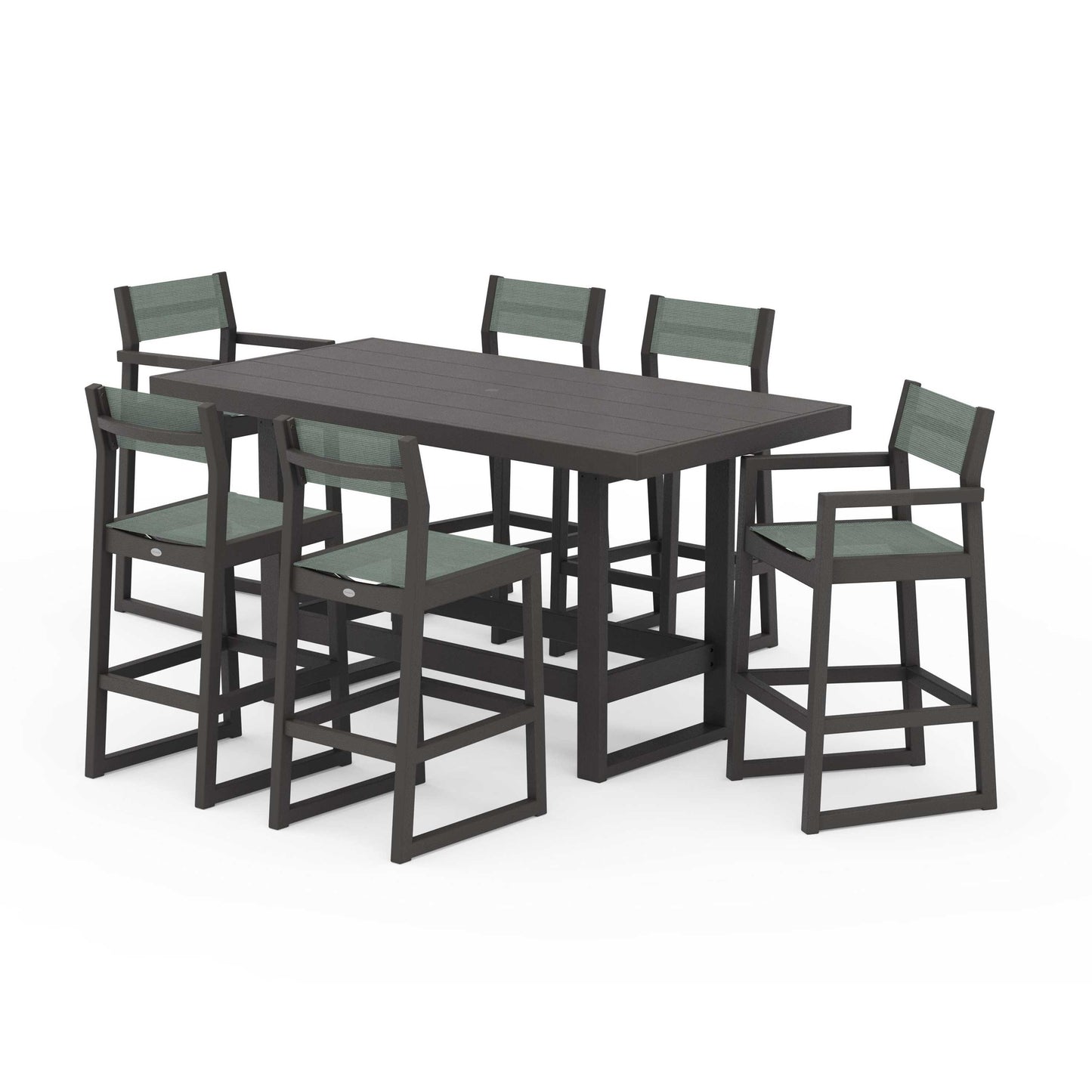 POLYWOOD EDGE Sling 7-Piece Bar Table Set — Vintage Coffee / Dupioni Sea Mist Sling