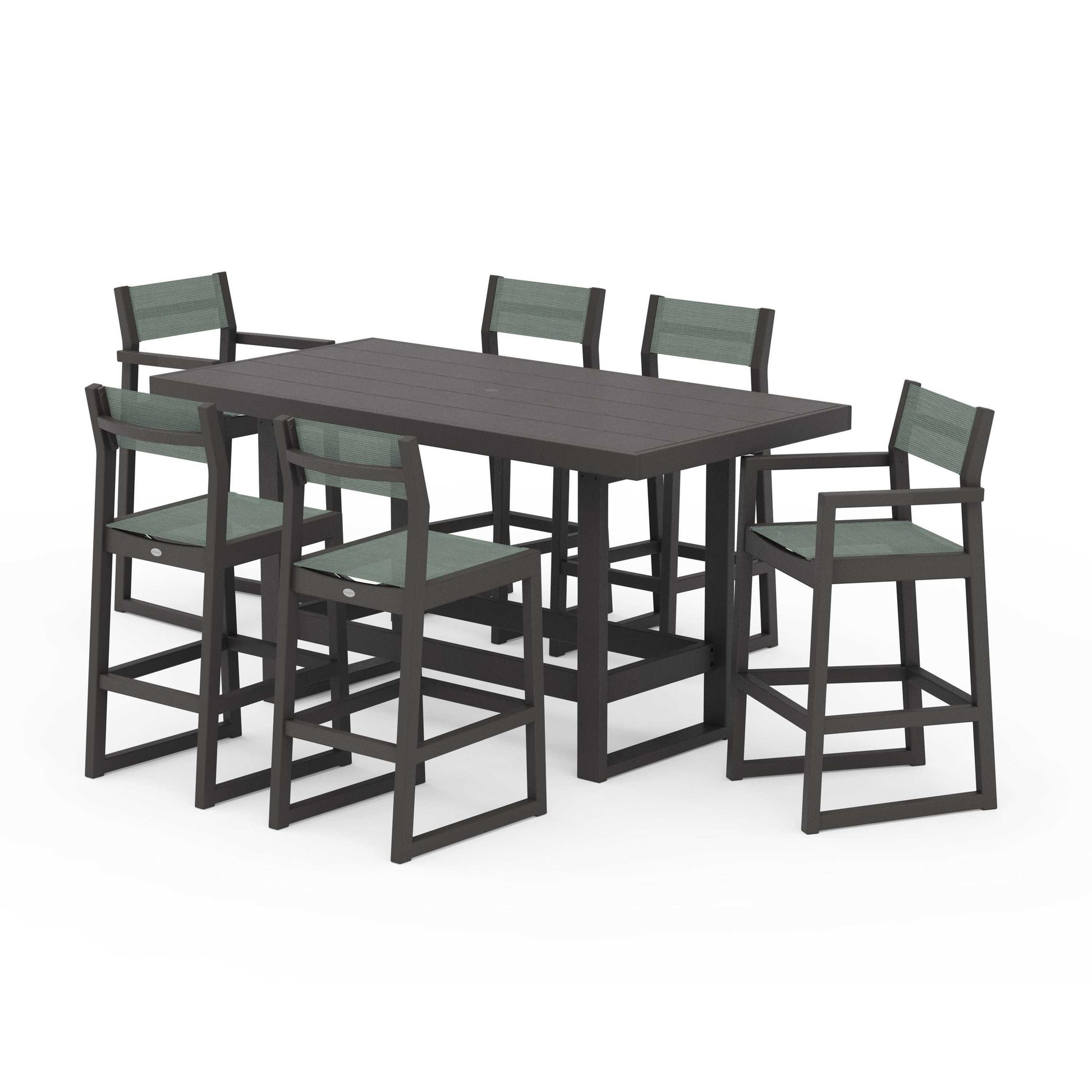 POLYWOOD EDGE Sling 7-Piece Bar Table Set — Vintage Coffee / Dupioni Sea Mist Sling