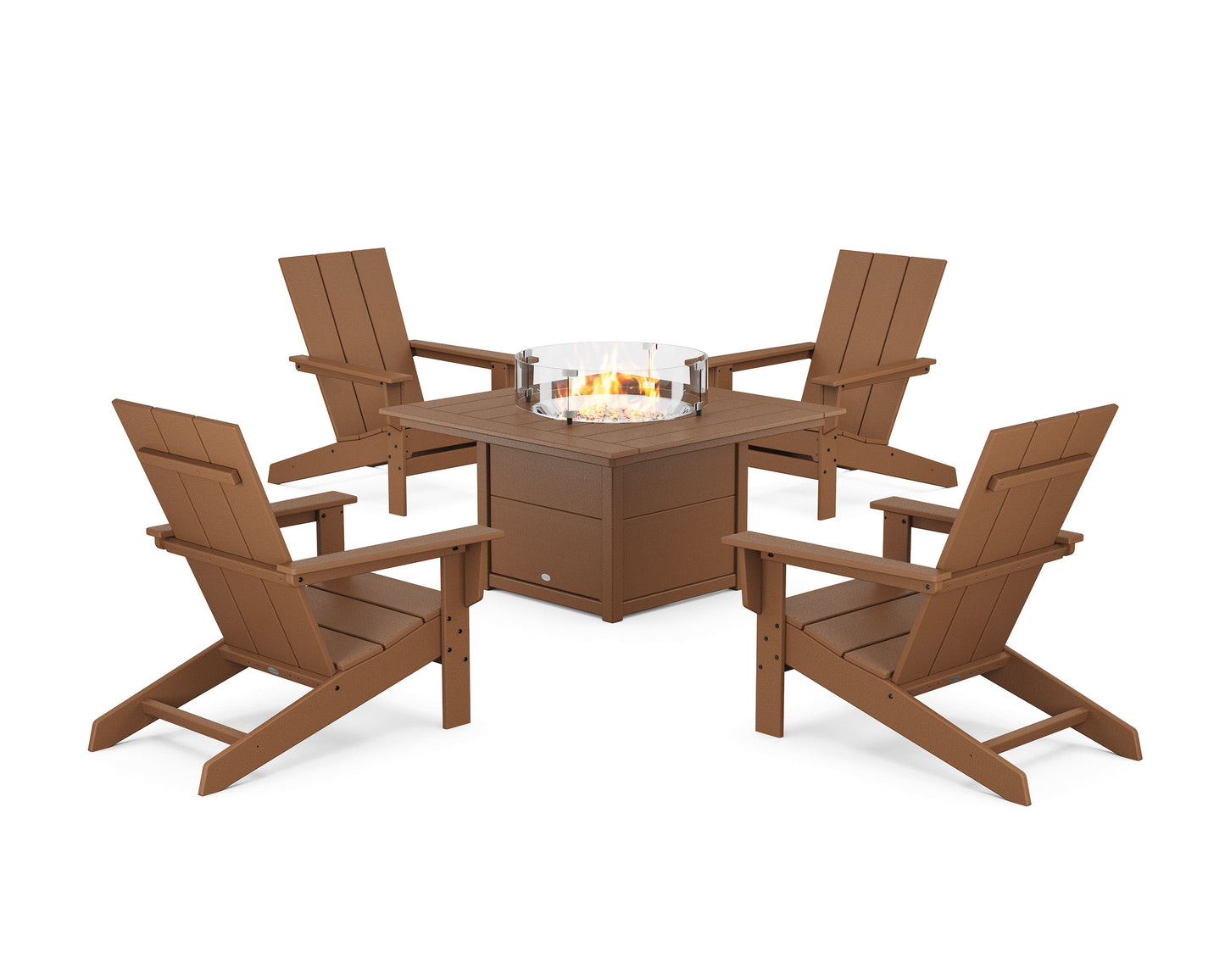 POLYWOOD 5-Piece Modern Studio Adirondack Conversation Set with Fire Pit Table — Teak