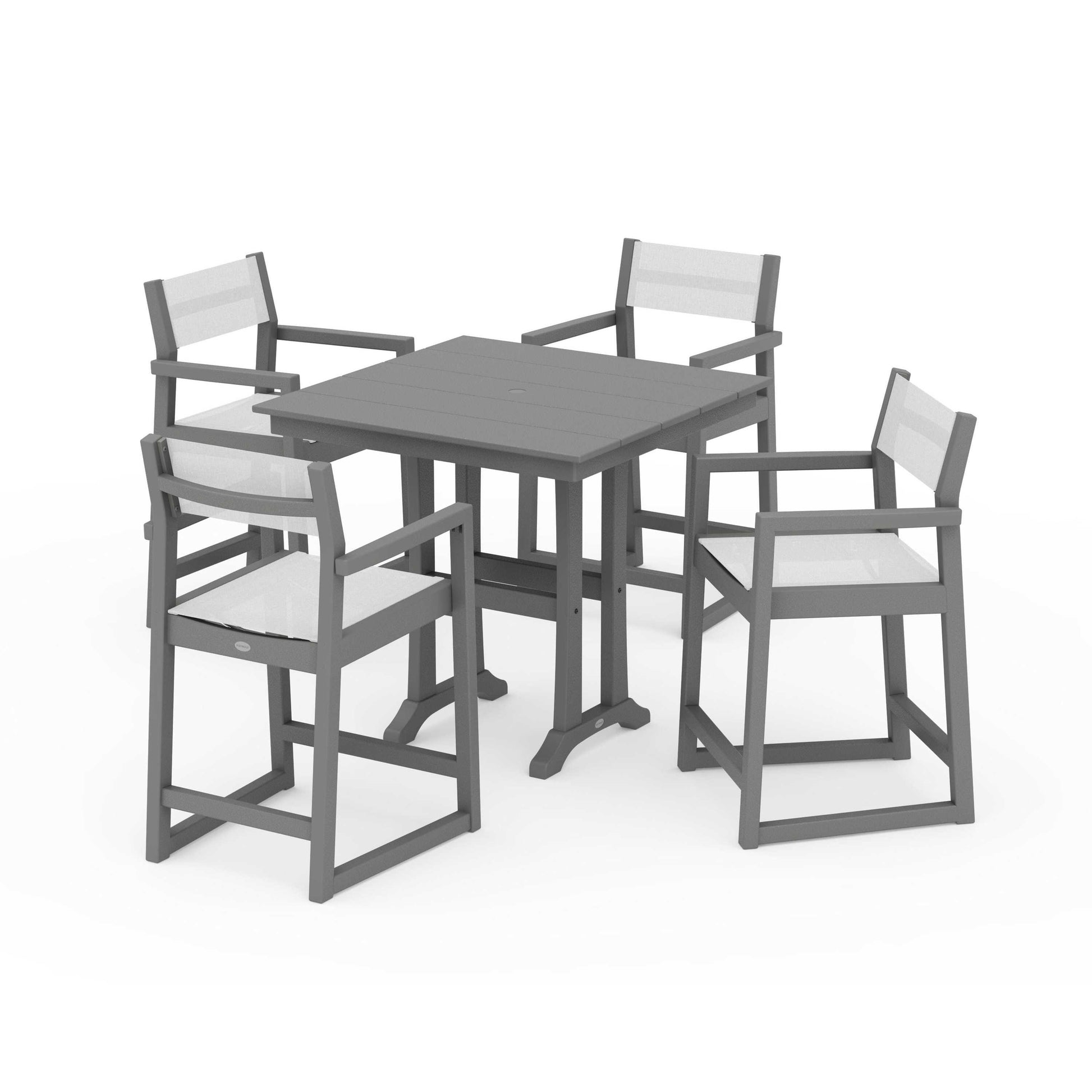 POLYWOOD EDGE Sling Arm Chair 5-Piece Farmhouse Counter Set with Trestle Legs — Slate Grey / White Sling