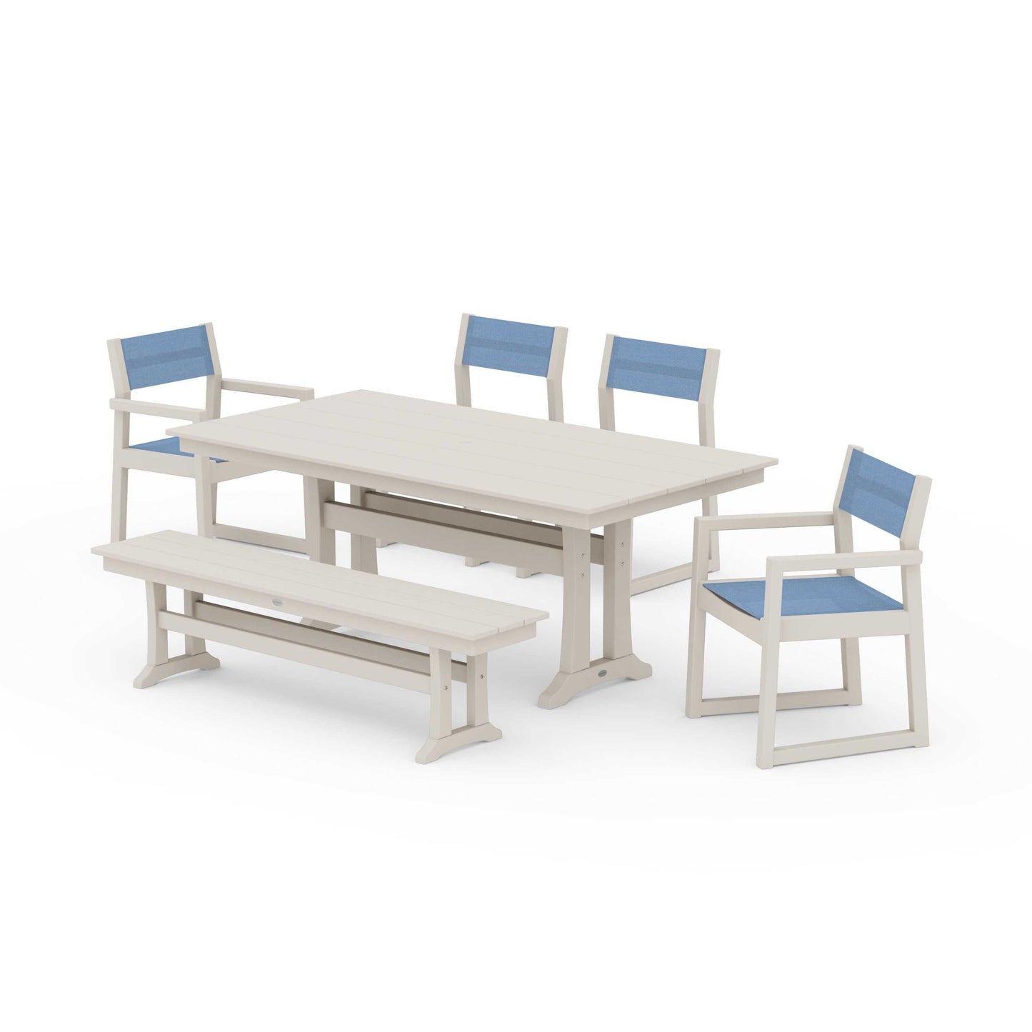 POLYWOOD EDGE Sling 6-Piece Farmhouse Dining Set With Trestle Legs — Sand / Poolside Sling