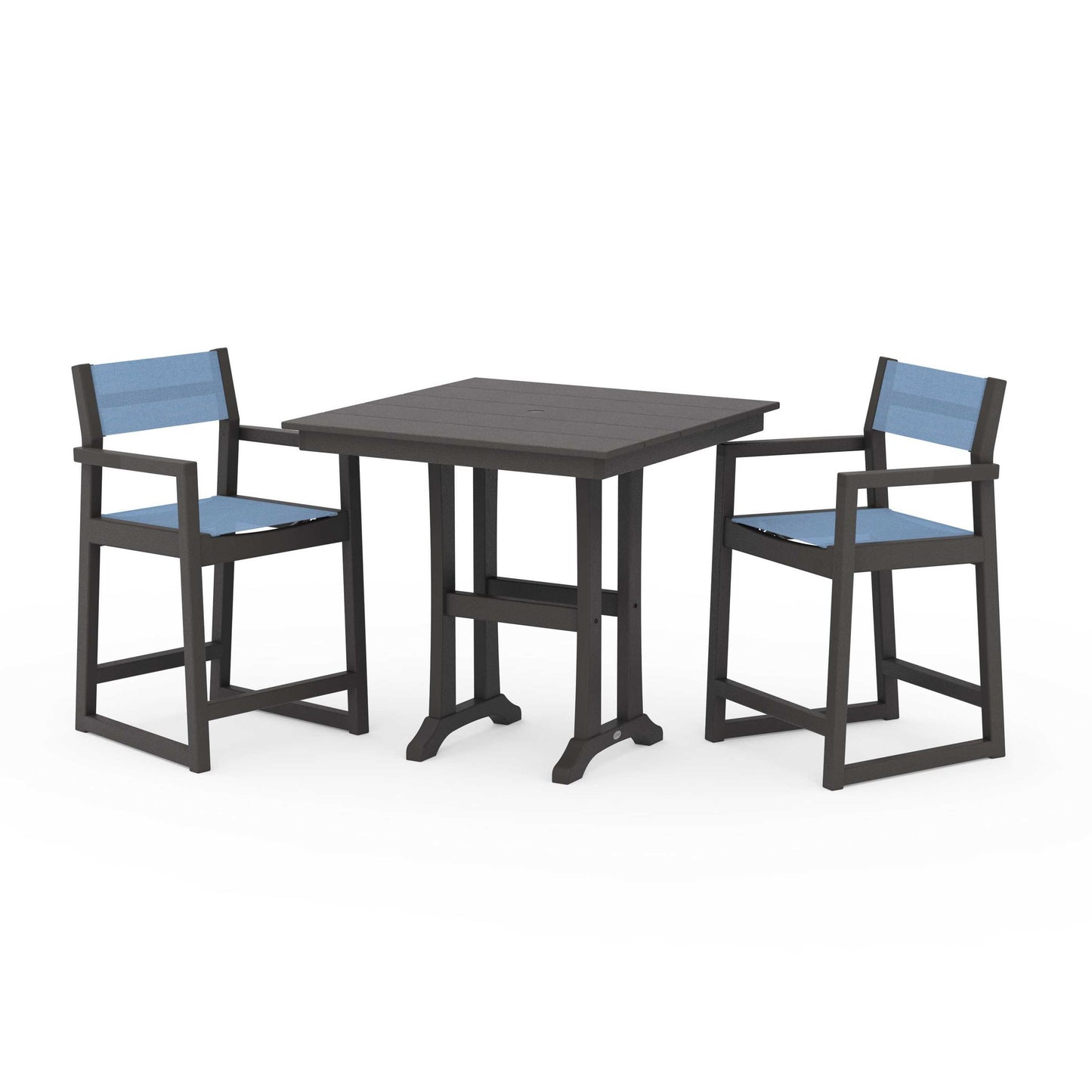 POLYWOOD EDGE Sling Arm Chair 3-Piece Farmhouse Counter Set with Trestle Legs — Vintage Coffee / Poolside Sling