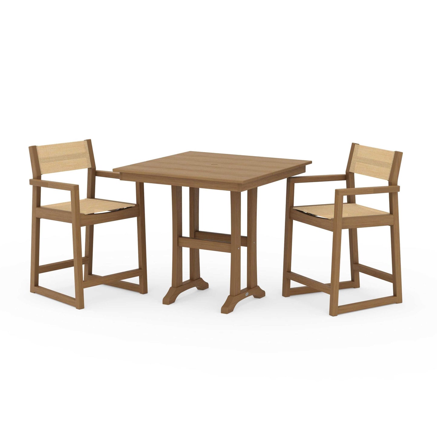 POLYWOOD EDGE Sling Arm Chair 3-Piece Farmhouse Counter Set with Trestle Legs — Natural / Dupioni Apricot Sling