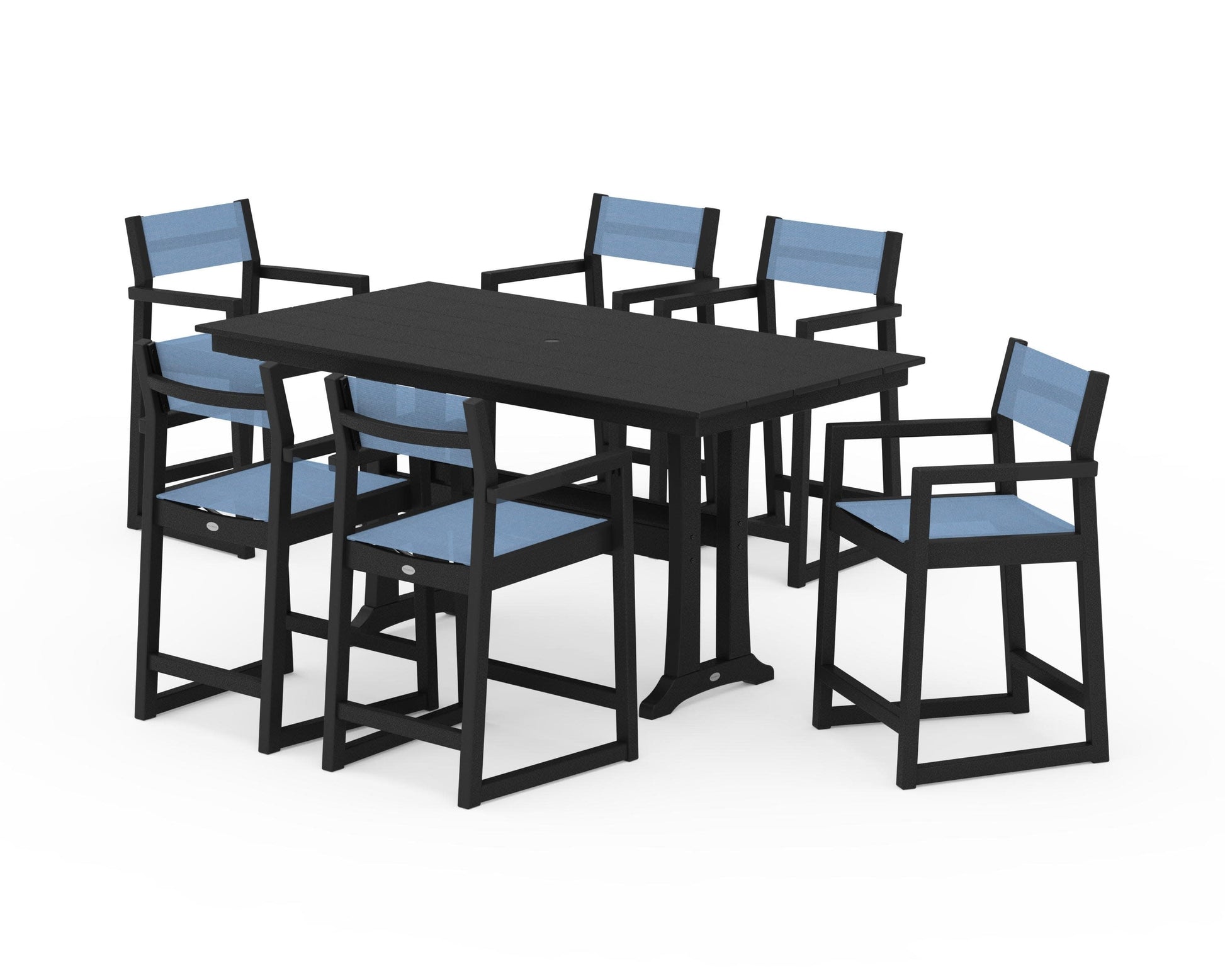 POLYWOOD EDGE Sling Arm Chair 7-Piece Farmhouse Counter Set with Trestle Legs — Black / Poolside Sling
