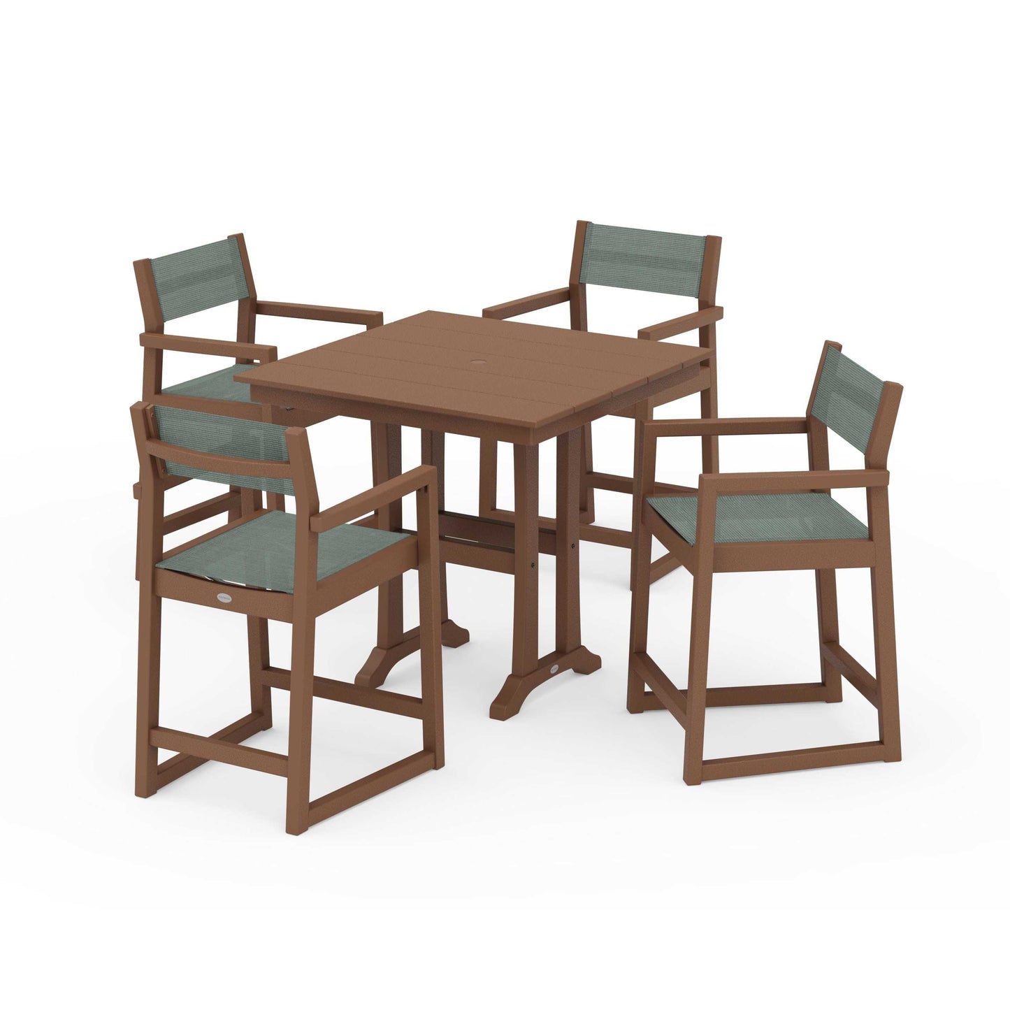 POLYWOOD EDGE Sling Arm Chair 5-Piece Farmhouse Counter Set with Trestle Legs — Teak / Dupioni Sea Mist Sling