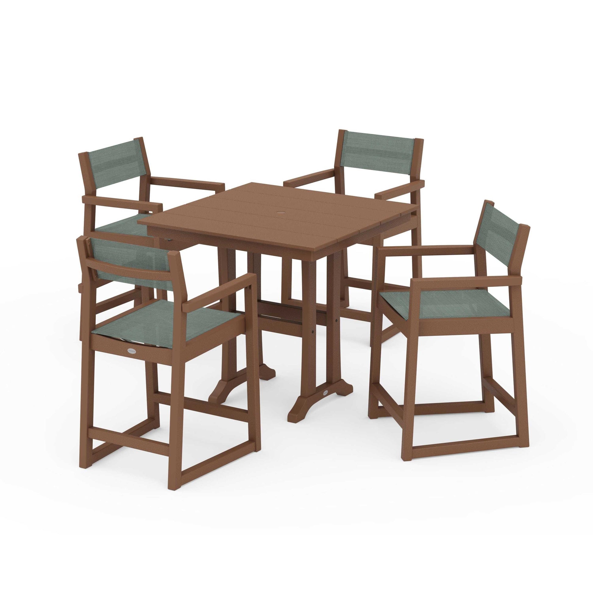 POLYWOOD EDGE Sling Arm Chair 5-Piece Farmhouse Counter Set with Trestle Legs — Teak / Dupioni Sea Mist Sling