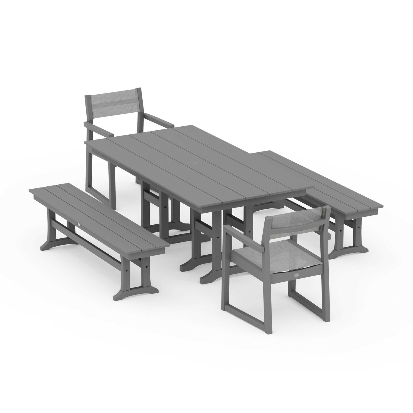 POLYWOOD EDGE Sling Arm Chair 5-Piece Farmhouse Dining Set with Benches — Slate Grey / Metallic Sling