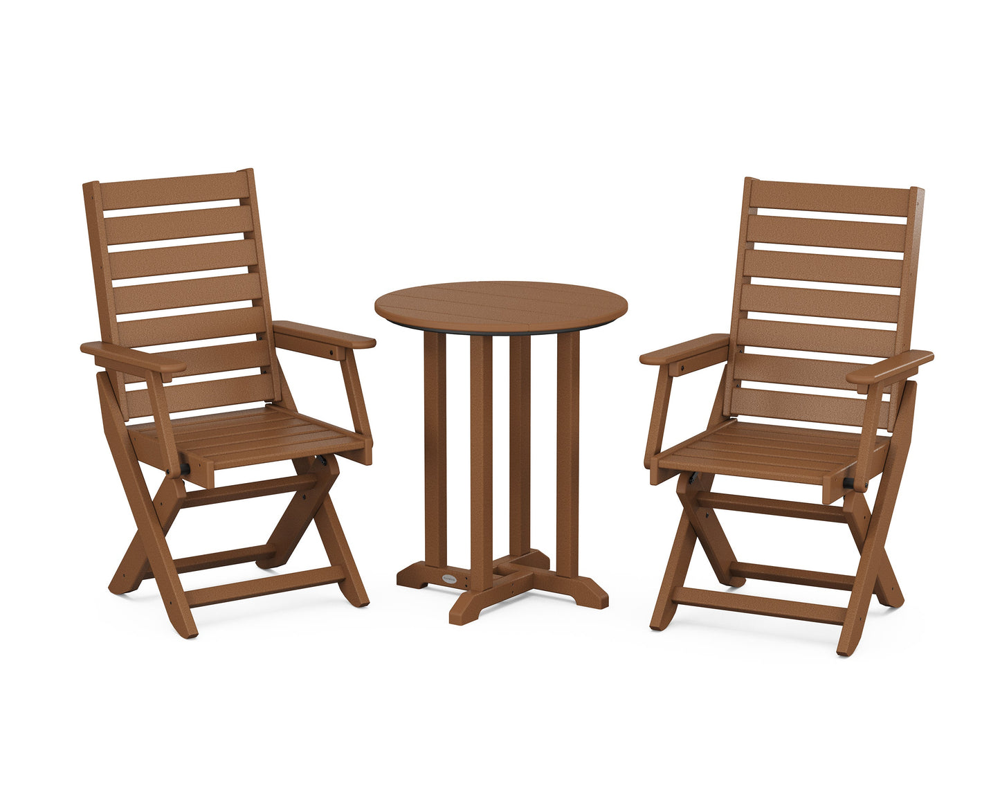 POLYWOOD Captain Folding Chair 3-Piece Round Bistro Dining Set — Teak