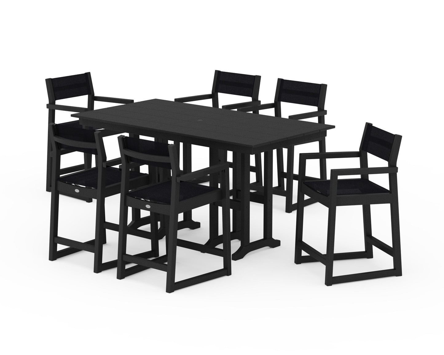 POLYWOOD EDGE Sling Arm Chair 7-Piece Farmhouse Counter Set — Black / Black Sling