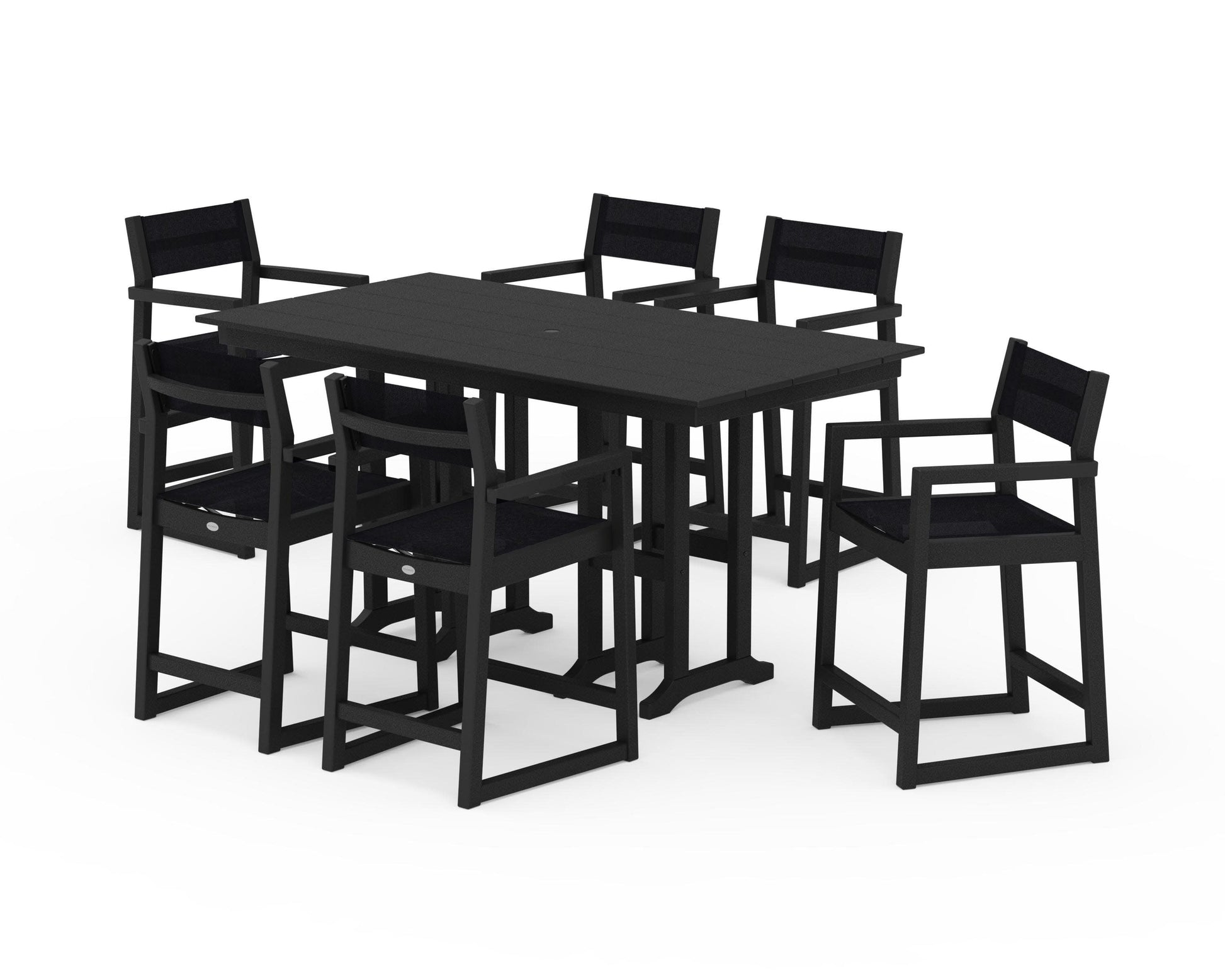 POLYWOOD EDGE Sling Arm Chair 7-Piece Farmhouse Counter Set — Black / Black Sling