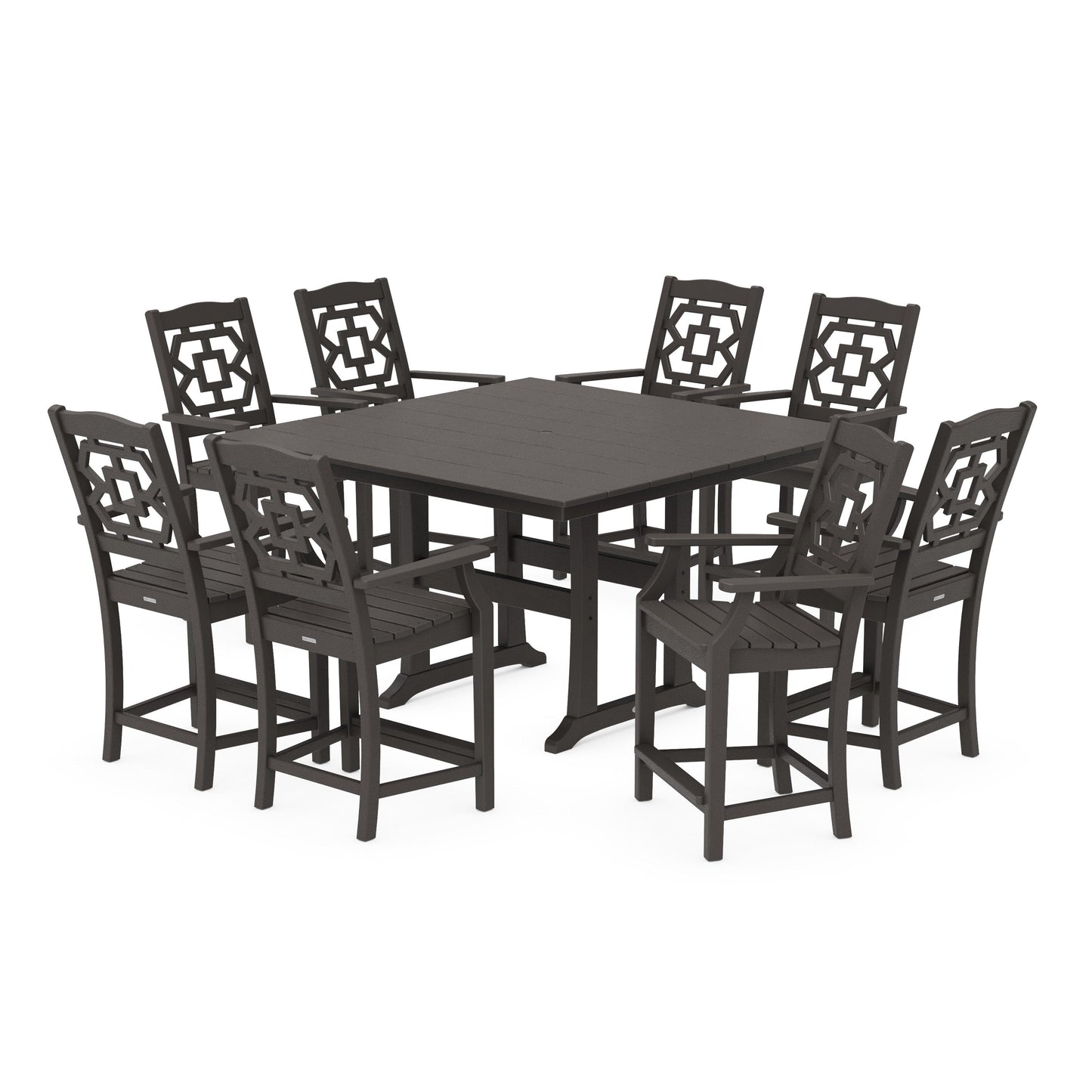 POLYWOOD Chinoiserie 9-Piece Square Farmhouse Counter Set with Trestle Legs — Vintage Coffee